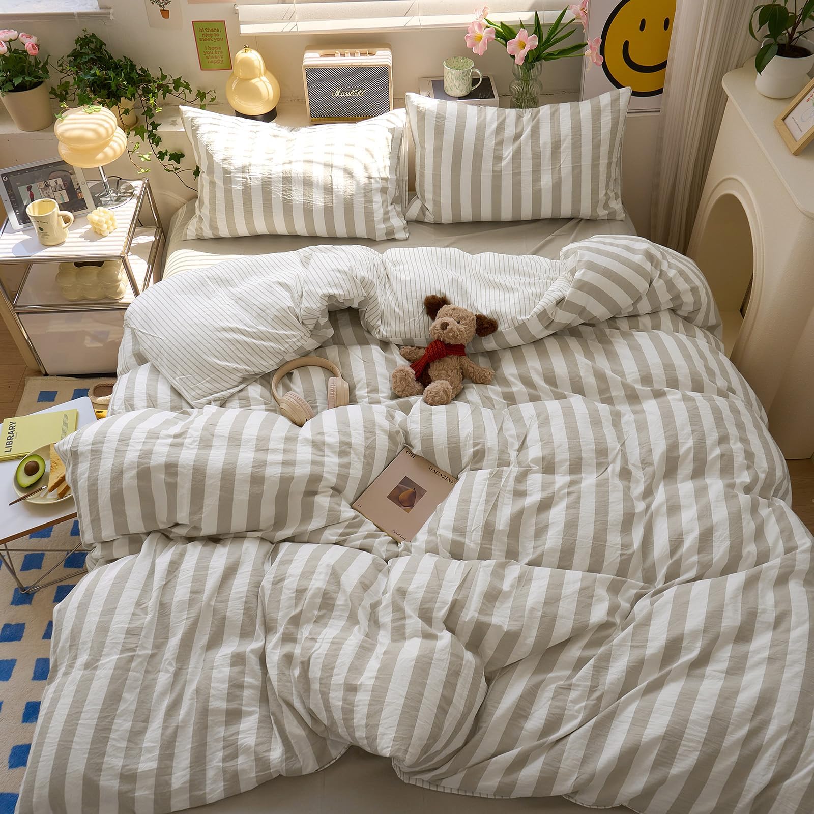 Brown Striped Duvet Cover Queen Boho Pattern Queen Size Comforter Cover Lightweight Stripe Dorm Room Farmhouse Duvet Cover Set with Pillowcase Teen Boy Bedding Washed Microfiber Duvet Protector