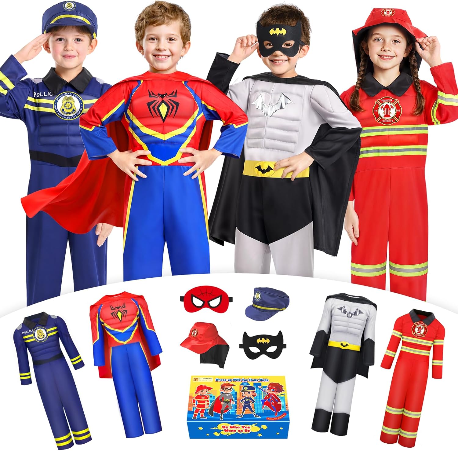 Jeowoqao Costumes for Kids Boys Dress up Clothes for Role Play, Boys Muscle Chest Dress up Costumes with Policeman, Fireman Costume for Toddler Boy 3 4 5 6 Years Christmas Birthday Gifts