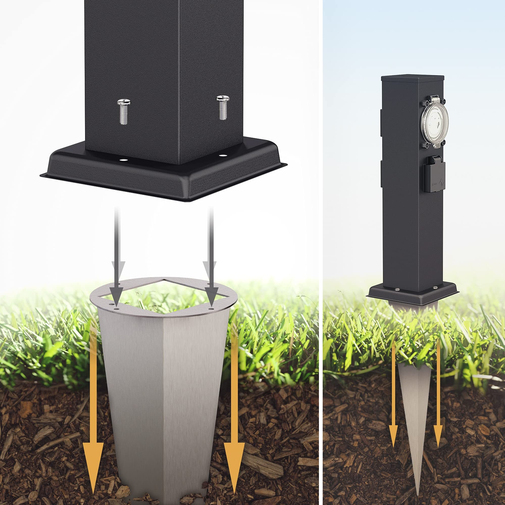ledscom.de Garten-Steckdosen-Säule Polly mit Erdspieß und 2m Kabel für außen, IP44, 3-Fach mit Timer/Zeitschaltuhr, Edelstahl, schwarz, 38cm
