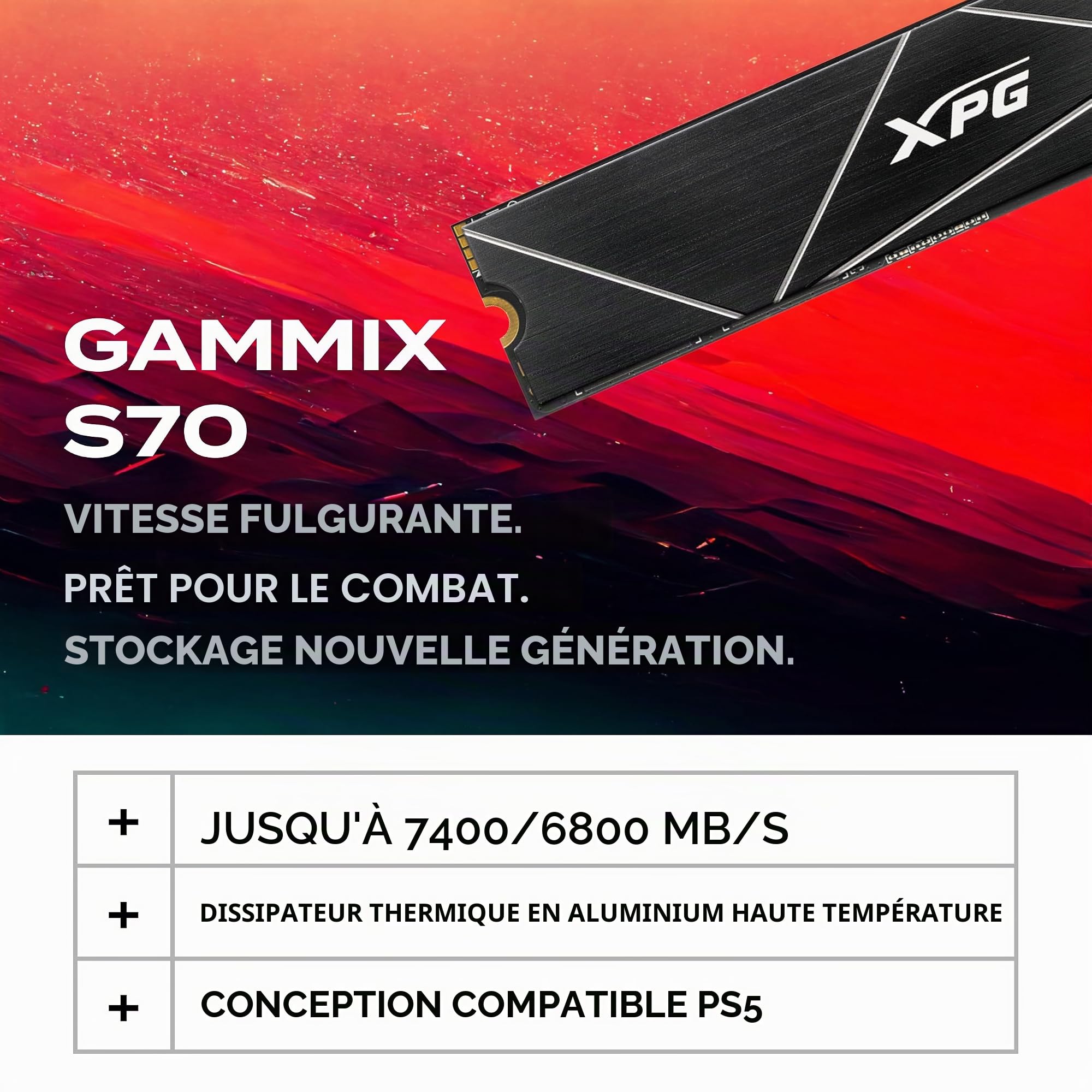 ADATA XPG GAMMIX S70 Blade 2 to PCIe Gen4x4 M.2 2280 SSD Noir-Distributeur de Chaleur- Traitement Graphique 3D et Jeux Haut de Gamme