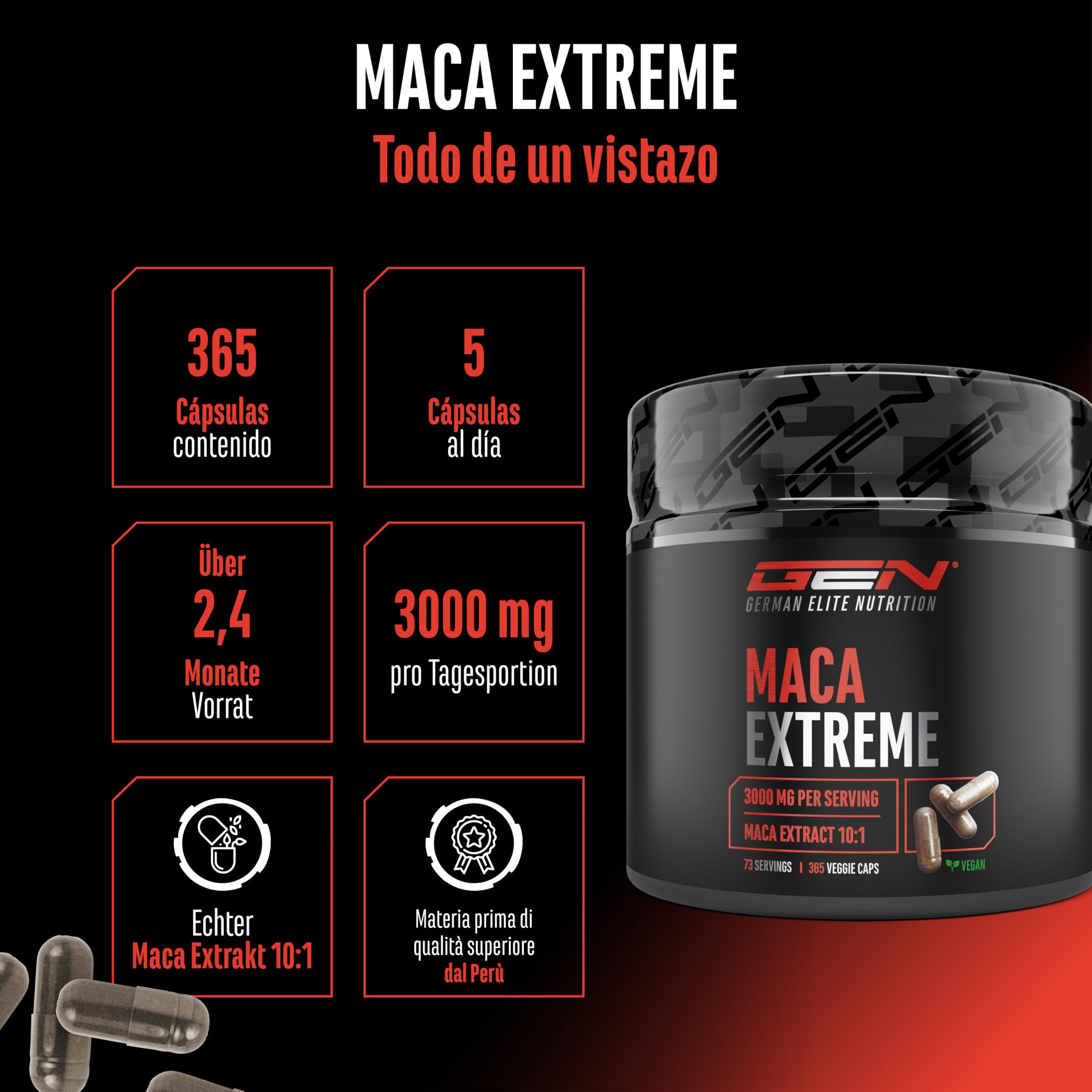 Maca Cápsulas Extreme - 365 cápsulas - Altamente dosificado con 30.000mg por dosis diaria - Extracto especial 10:1 - Vegano - German Elite Nutrition