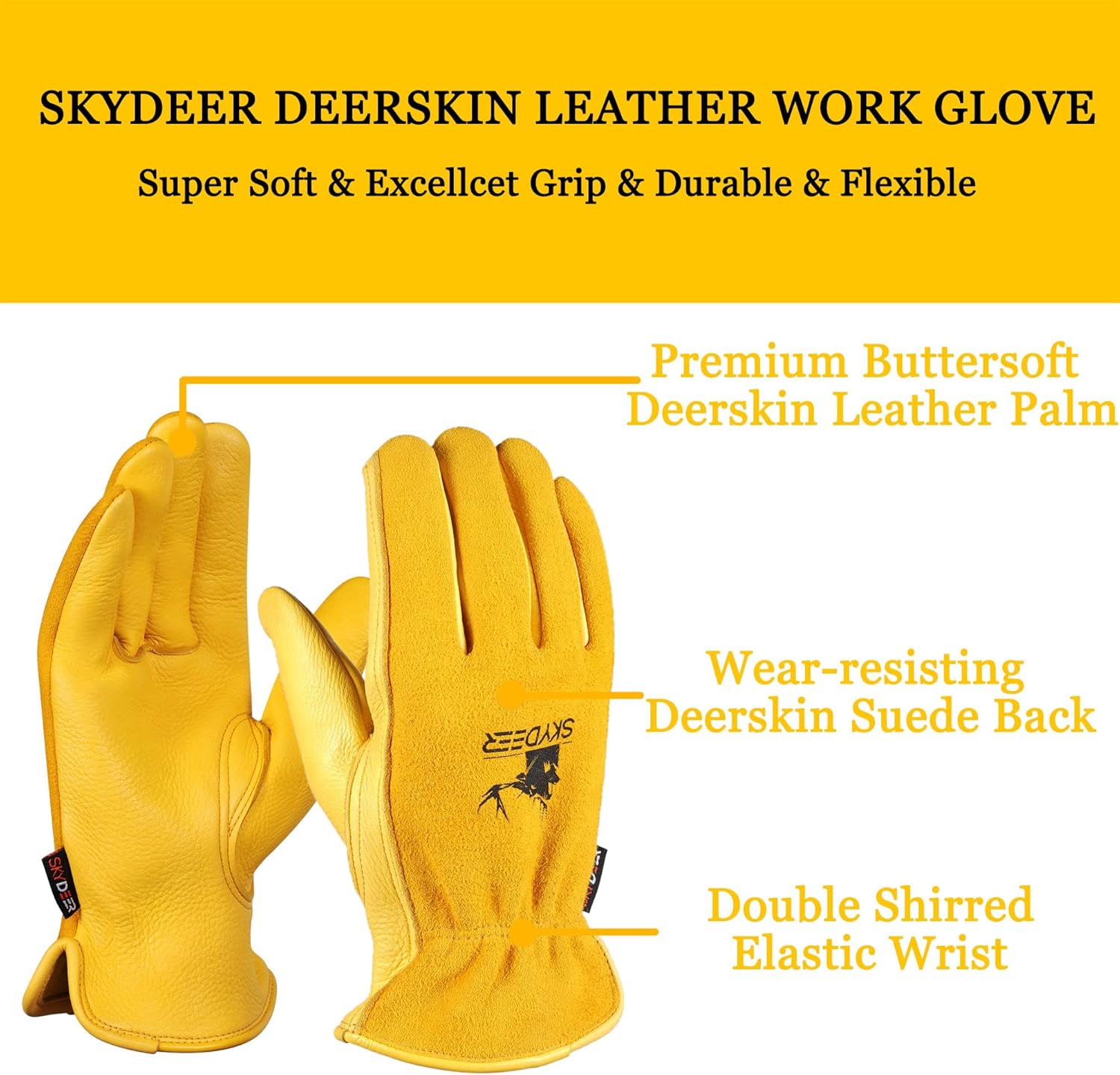 SKYDEER Full Grain Deerskin Leather Gloves for Men and Women, Extra Soft and Hands Protection, 3D Ergonomic Design (SD2210)