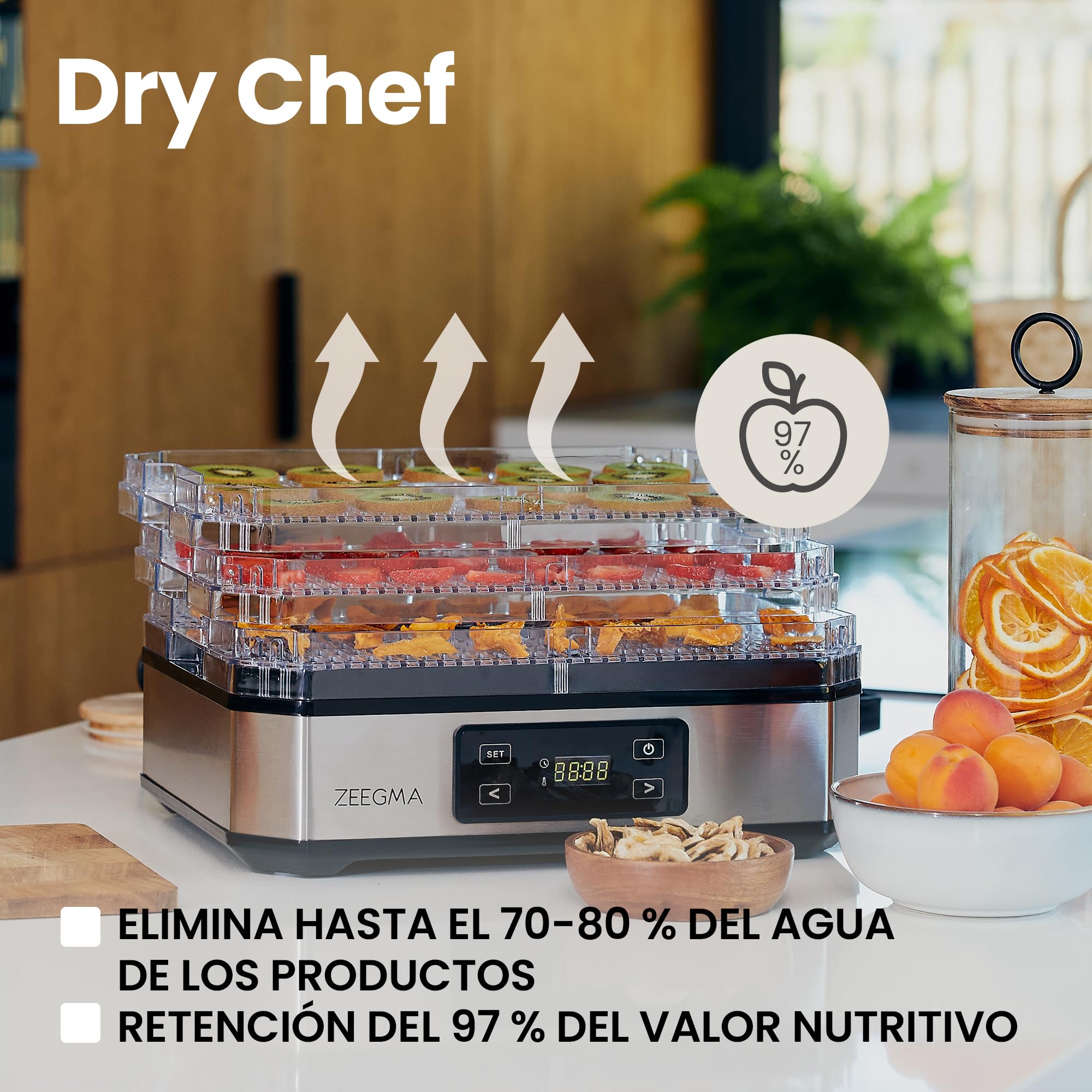 Zeegma Dry Chef - Deshidratador de Alimentos 500W, 6 Bandejas Expansibles, Termostato Ajustable 35-70°C, Temporizador 72h, Sistema de Circulación de Aire, Ideal para Frutas, Verduras, Setas y Carne