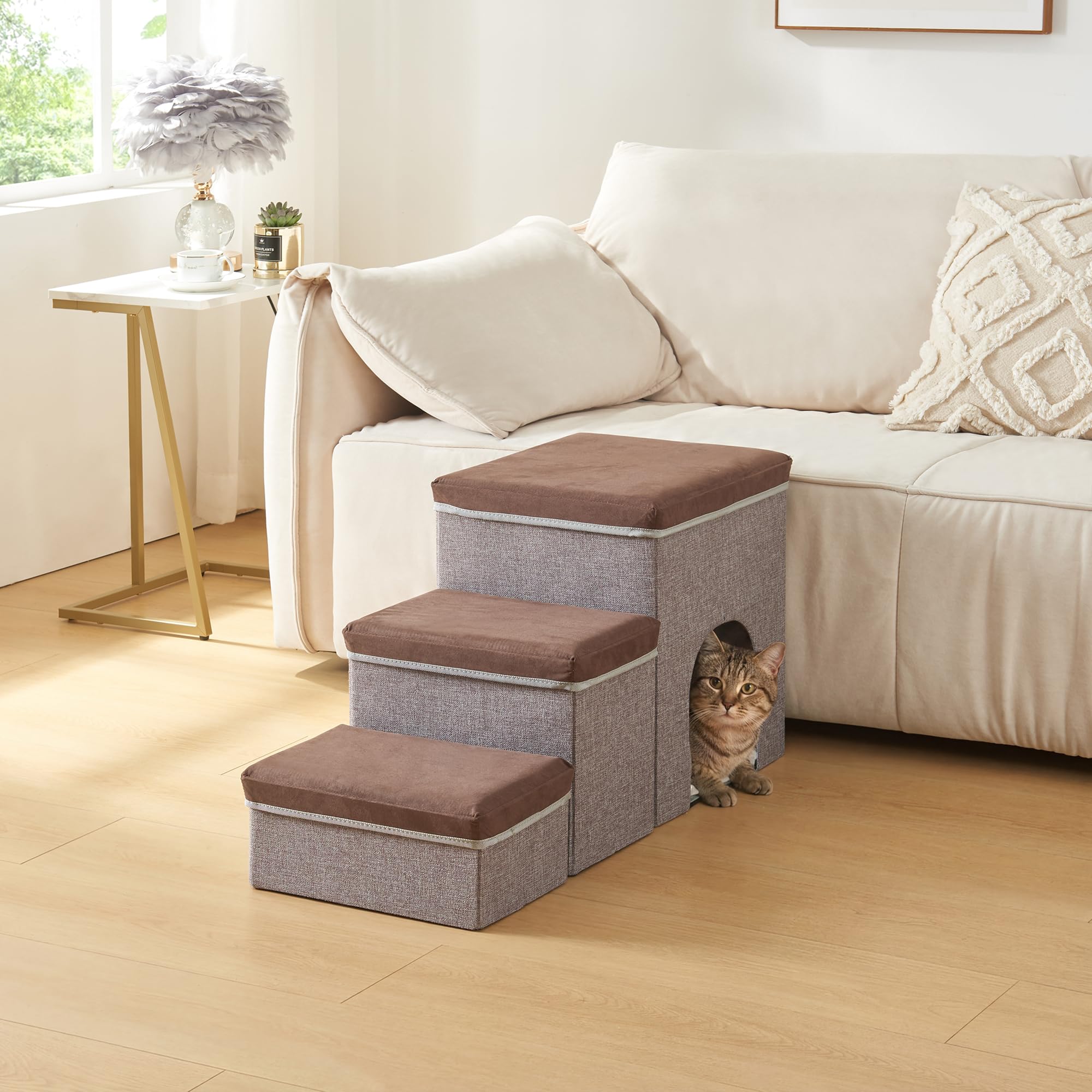 [en.casa] Hundetreppe Vojens mit Stauraum und Höhle 76x33x43 cm Braun/Grau