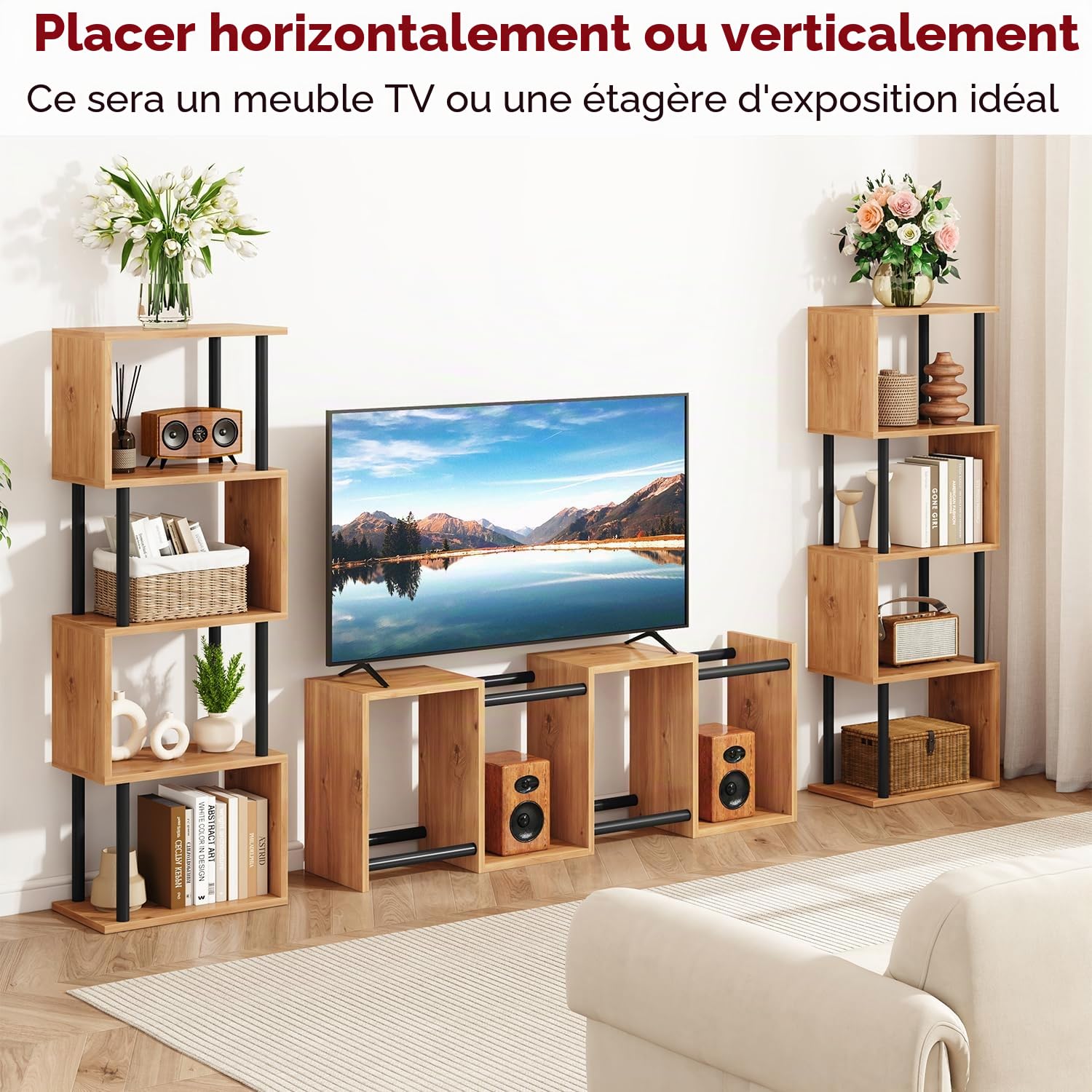 IBUYKE Bibliothèque en Forme de S, Étagère à Livres à 5 Niveaux,Meuble de Rangement,bibliothèque Moderne pour Salon, Chambre à Coucher, Bureau à Domicile,Chêne WBC015K