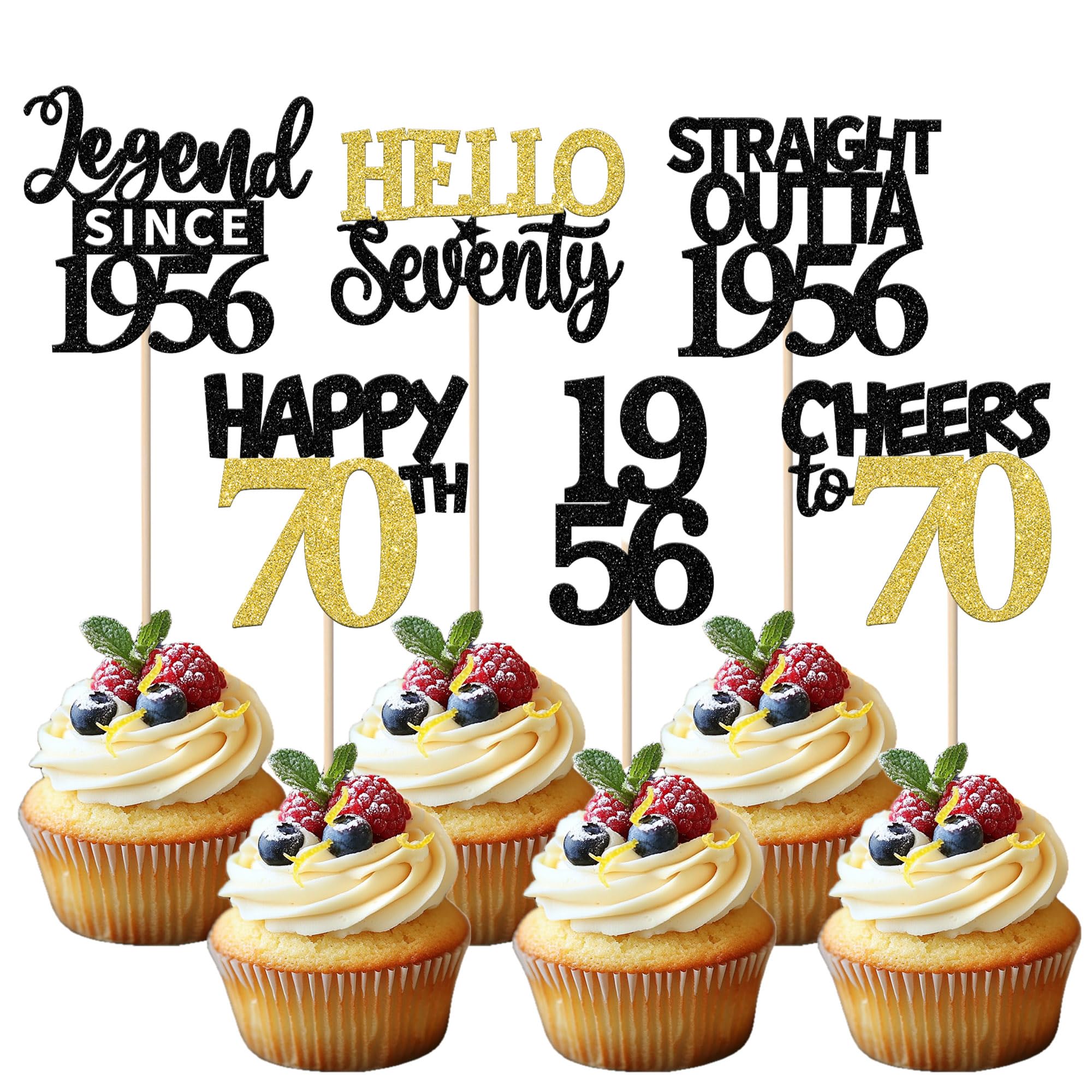 Xsstarmi 24 Pcs 70th Birthday Cupcake toppers Black Gold Glitter Hello seventy Legend Since 1956 Cake Picks for Cheers to 70 years old Birthday Party Decorations Supplies