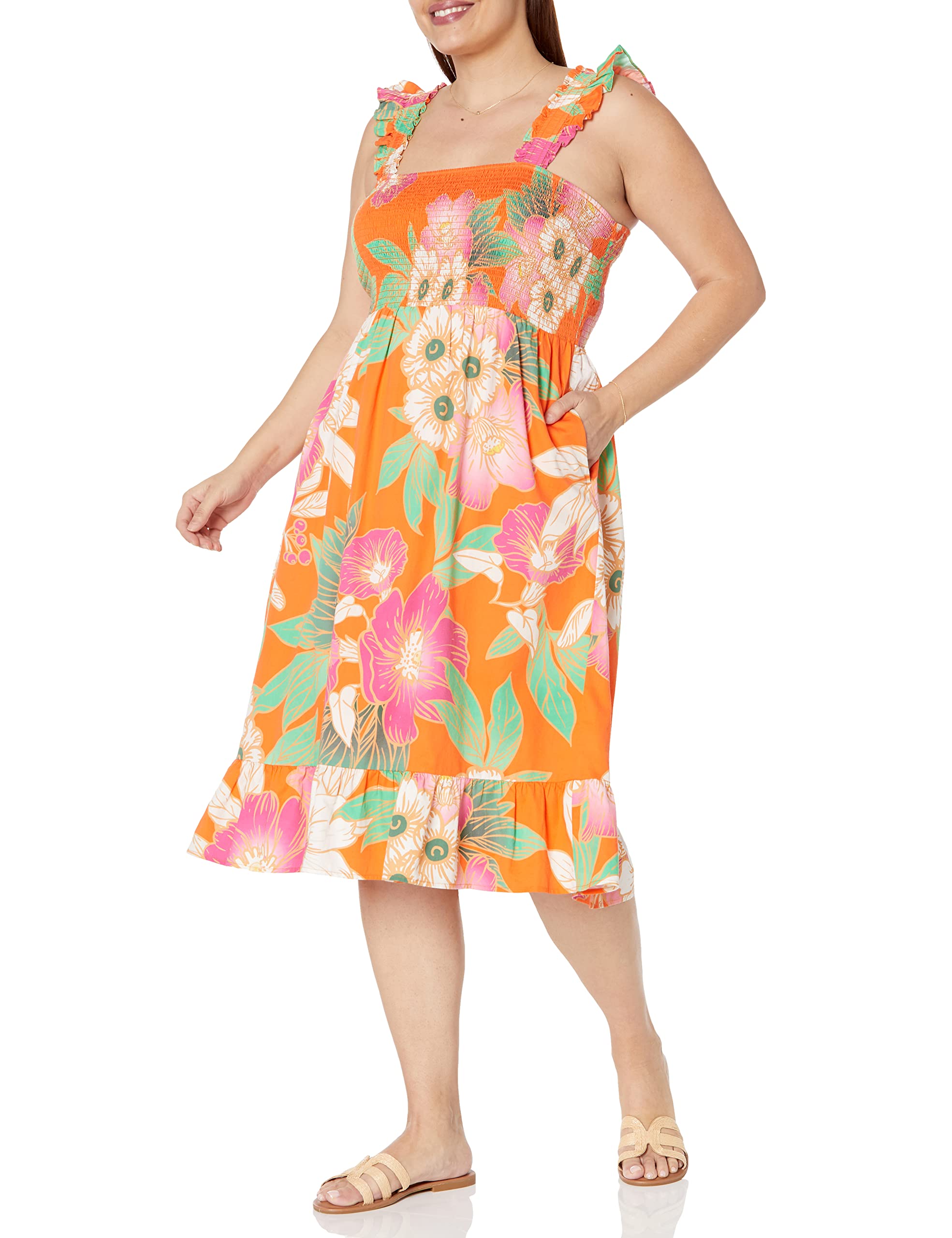 The Drop Women's Kimi Ruffled Shoulder Smocked Midi Dress