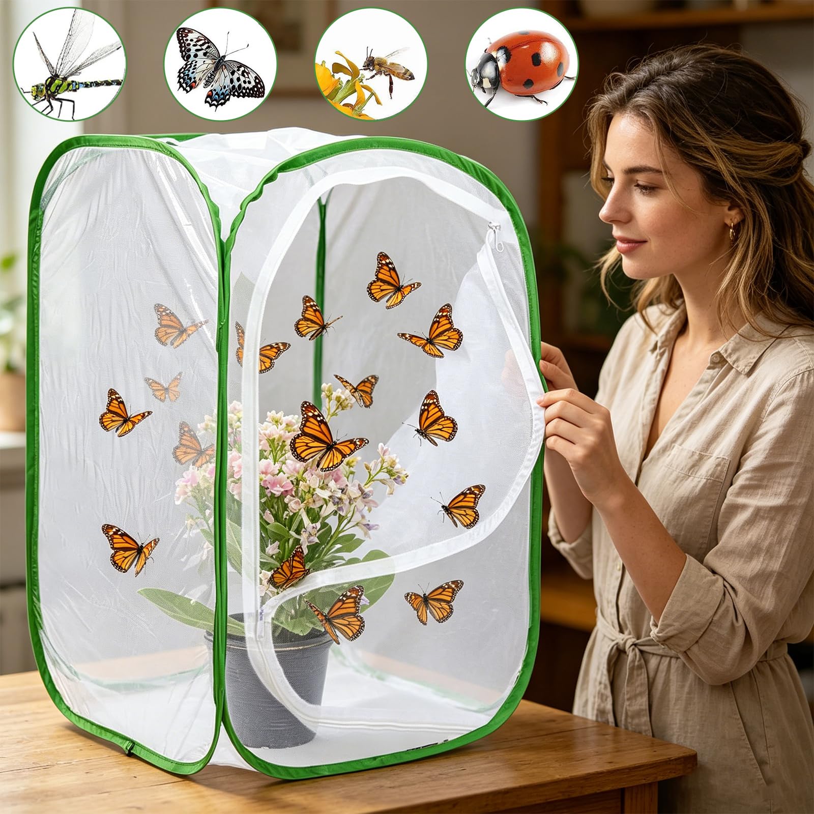 40 X 40 X 60 CM Kit Farfalle Gabbia Insetti Butterfly Kit Gabbia per Habitat Farfalla Terrari Pieghevole in Rete Habitat di Allevamento per Piante Insetti Educazione Scientifica