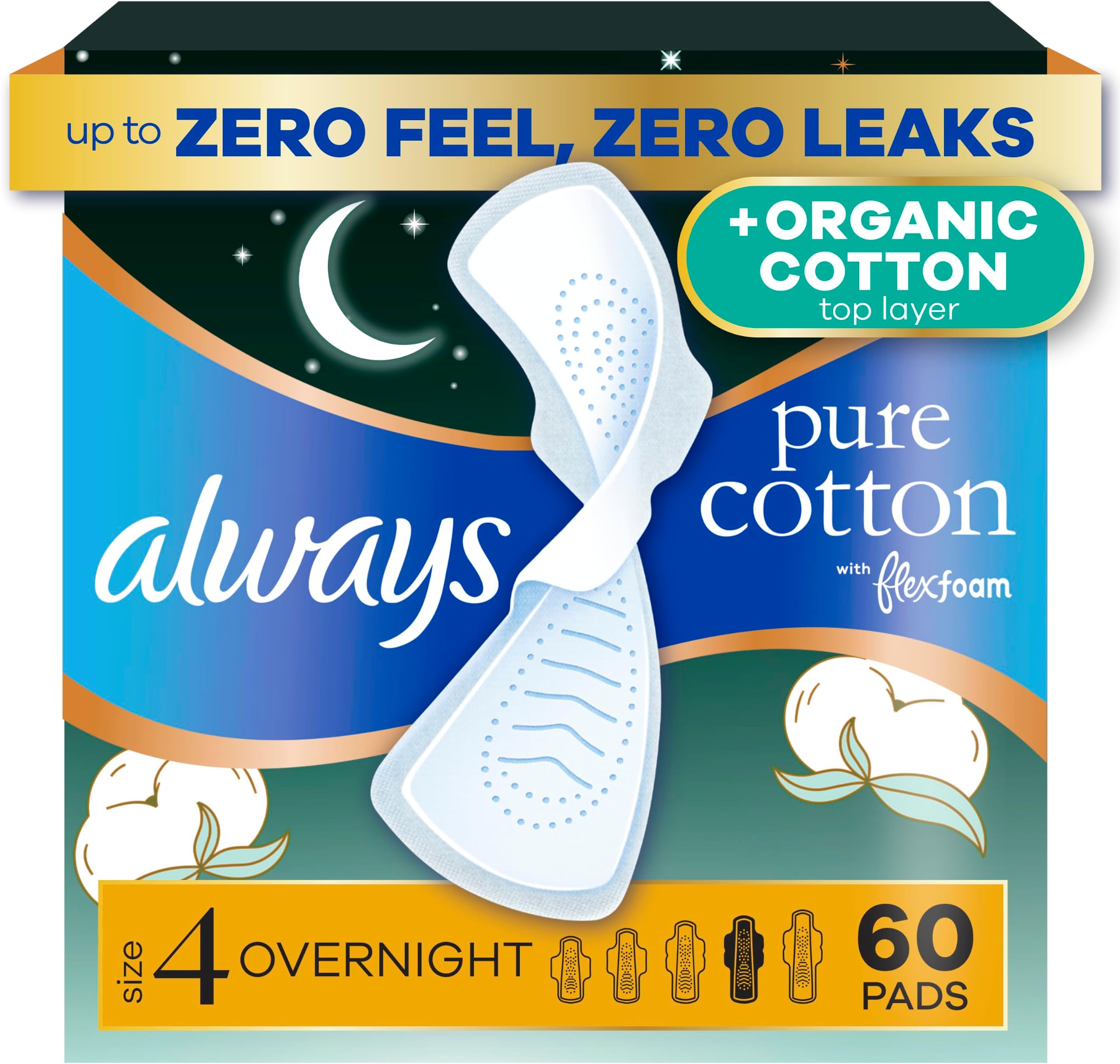 Pure Cotton with Flexfoam Pads, Size 4 Overnight Absorbency, with Wings, 20 Count, Pack of 3 (60 Count Total)
