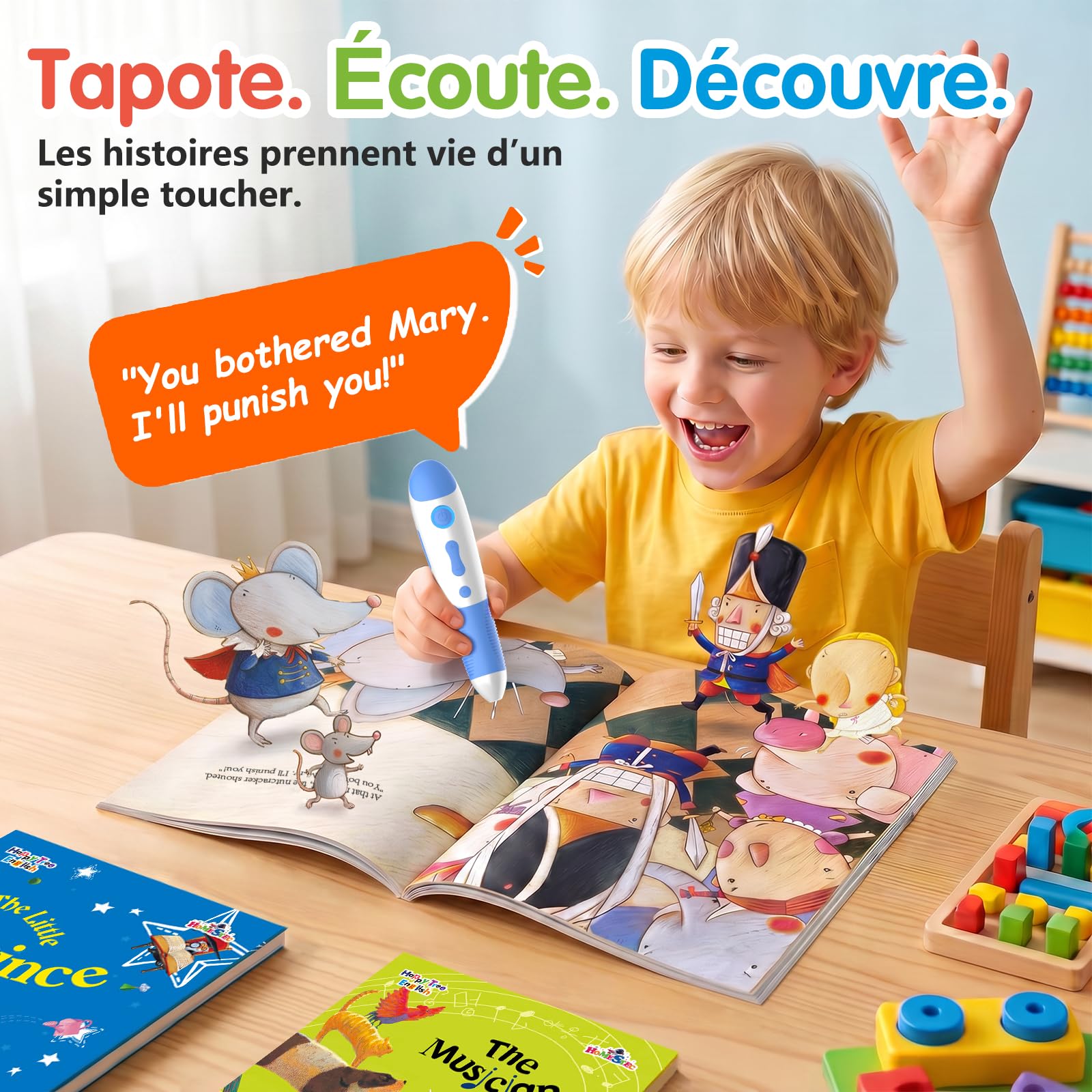 Stylo Audio Interactif avec 10 Livres d’Histoires en Anglais, Livres Sonores à Toucher, Histoires Audio pour Enfants, Jouet Éducatif sans Écran, Rechargeable USB-C