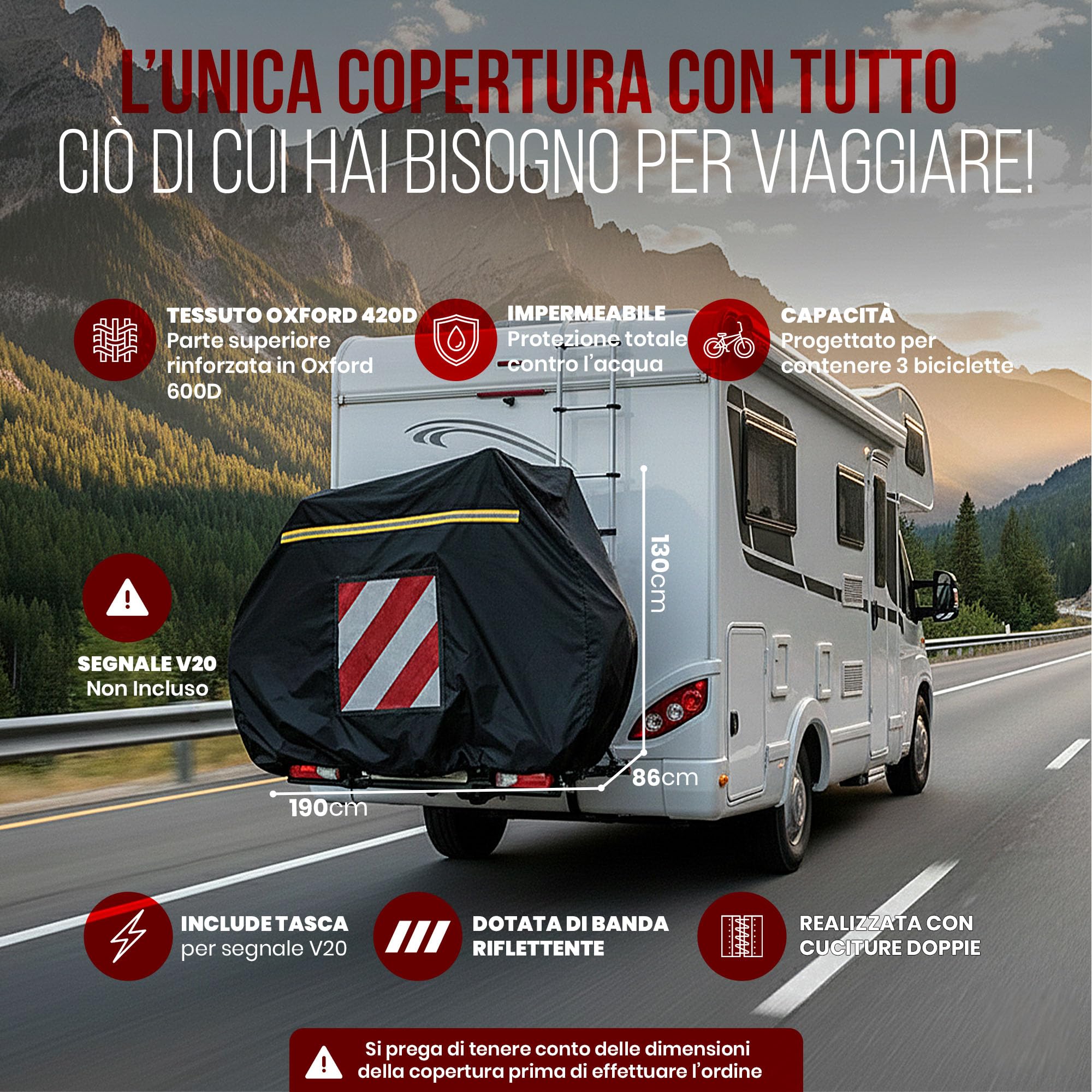 Telo Copri Bici per Camper Oxford 420D Ultra Resistente - Telo Copribici Per Camper 3 Bici - Ideale per Coprire la Bici in Camper e per Uso Esterno