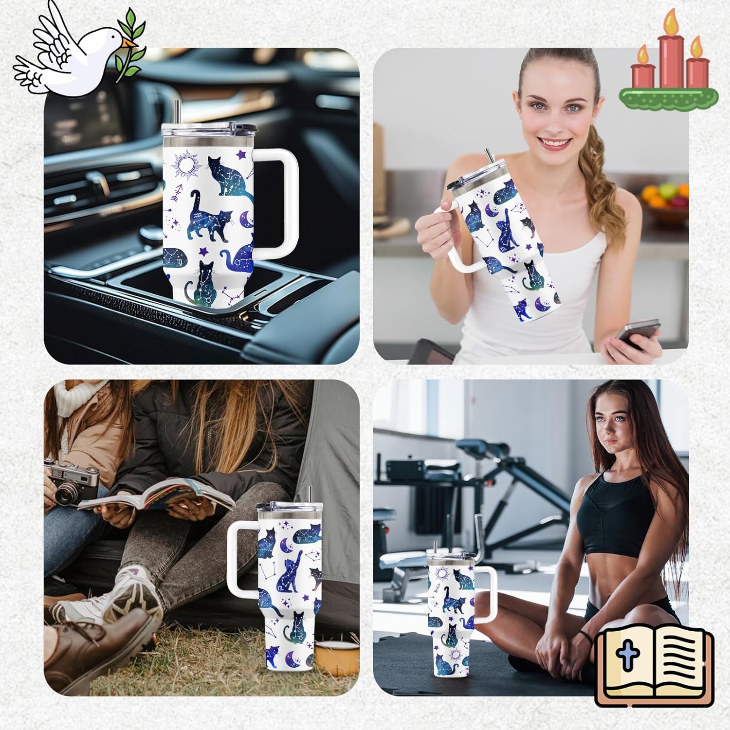 Cat Gifts for Women, Funny 40oz Constellation Tumbler with Handle, Kitty Tumbler, Goth Travel Coffee Mugs for Cats Lovers Birthday Christmas Gifts Water Cup, Cat Cups for Astrology Fans, 1 PCS