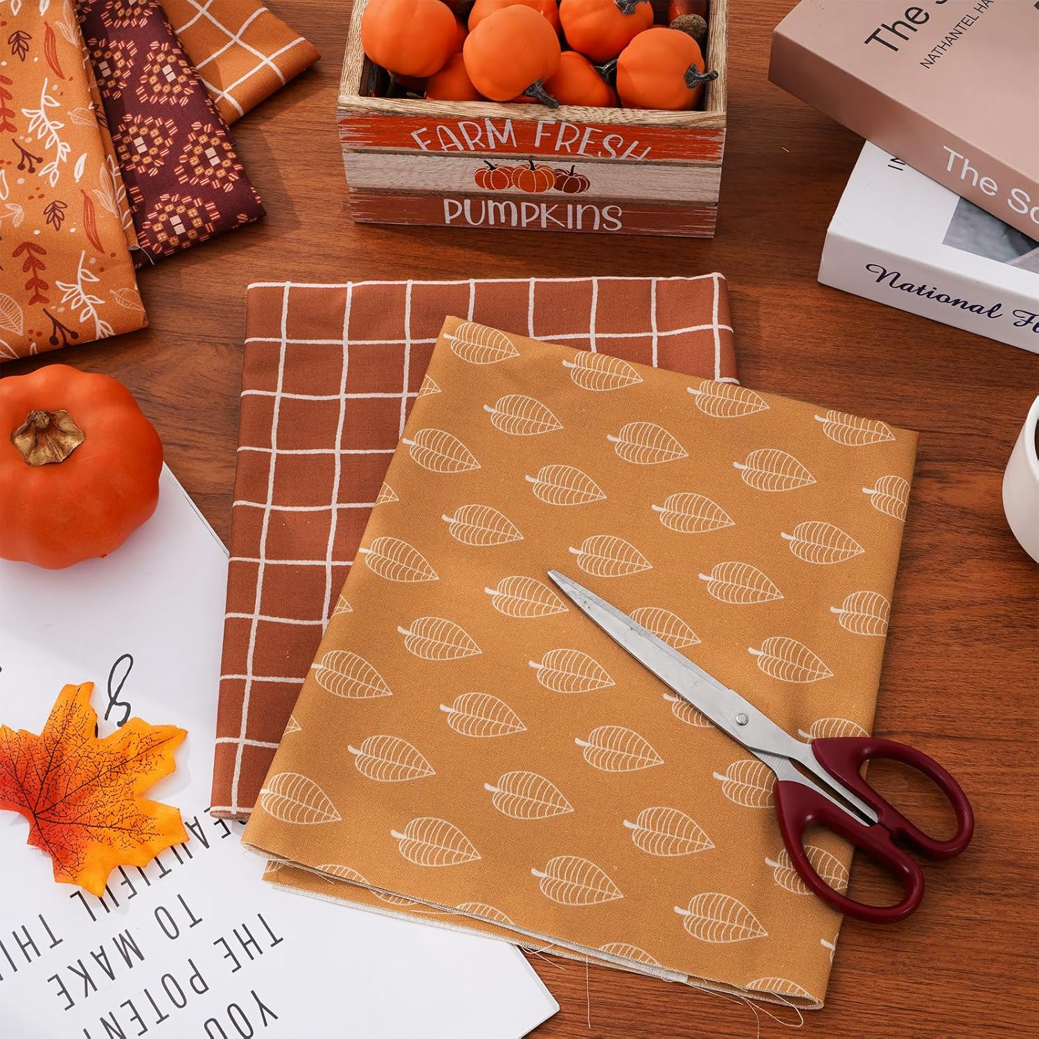 Whaline Terracotta Boho Cotton Fabric Bundles Fall Maple Leaf Plaid Printed Fat Quarters Autumn Sewing Fabrics for DIY Handmade Crafting, 18 x 22 Inch