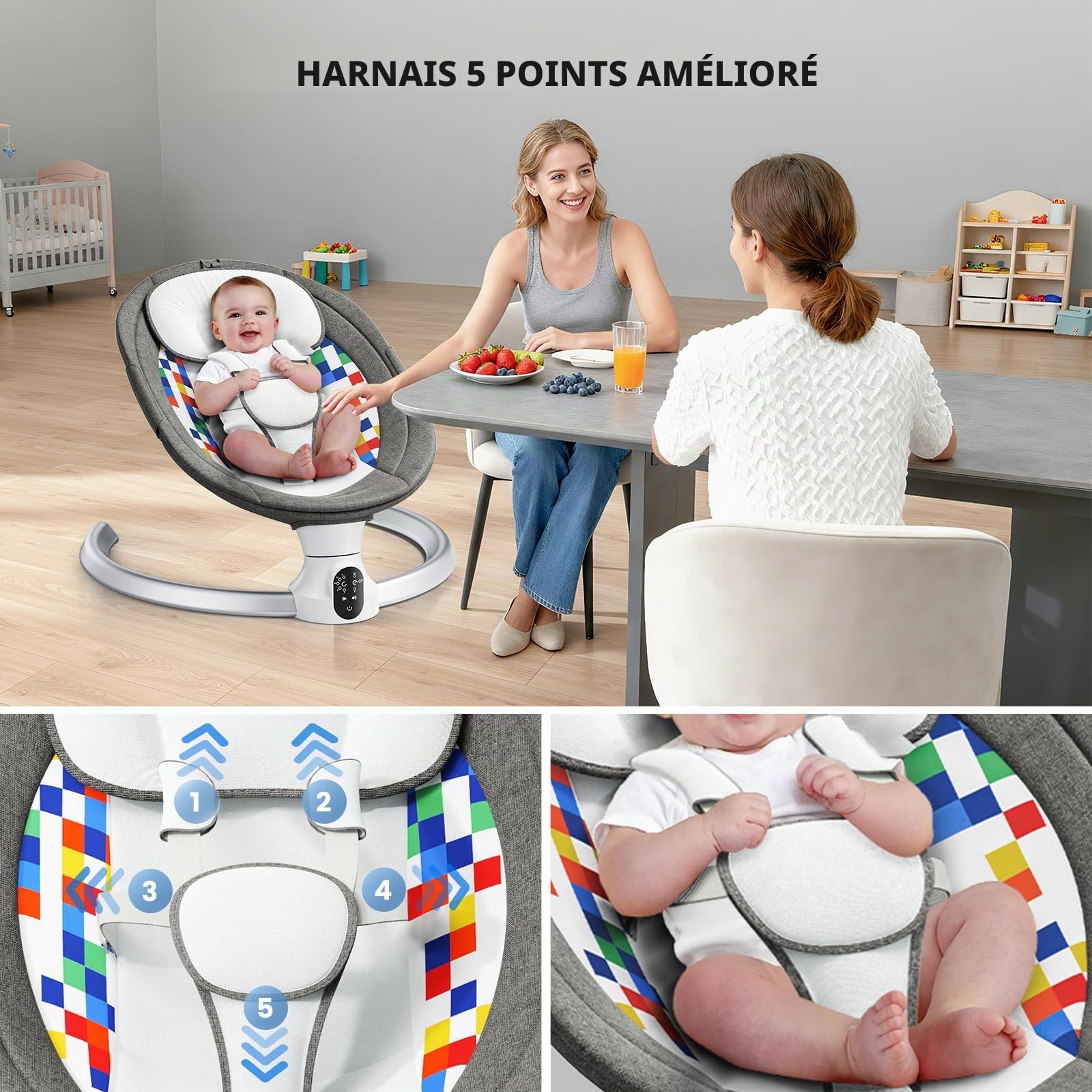 Transat Bébé Electrique, APP et Télécommande Balancelle Bébé Dès La Naissance à 9kg, Harnais à 5-Points Amélioré Balançoire pour Bebe Avec 3 minuteries, 5 vitesses et 10 Mélodies (0-9 Mois)