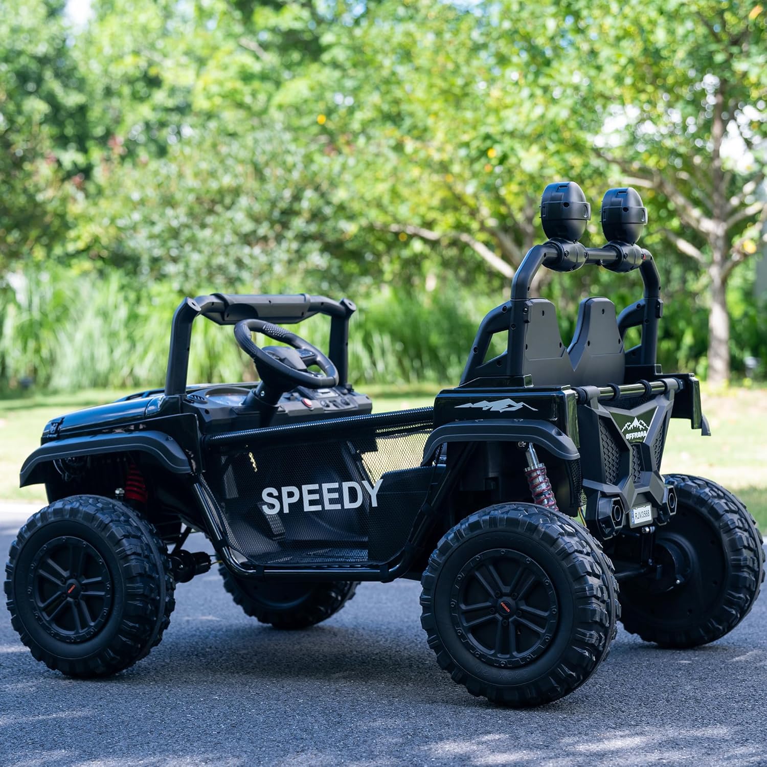 24V 2-Seater Ride-On Truck for Kids, Parent Remote Control, Real Metal Frame, High Power Dual Seat, Spring Suspension, LED Headlights, Bluetooth Music, 3-Speed, Safety Belt, Black