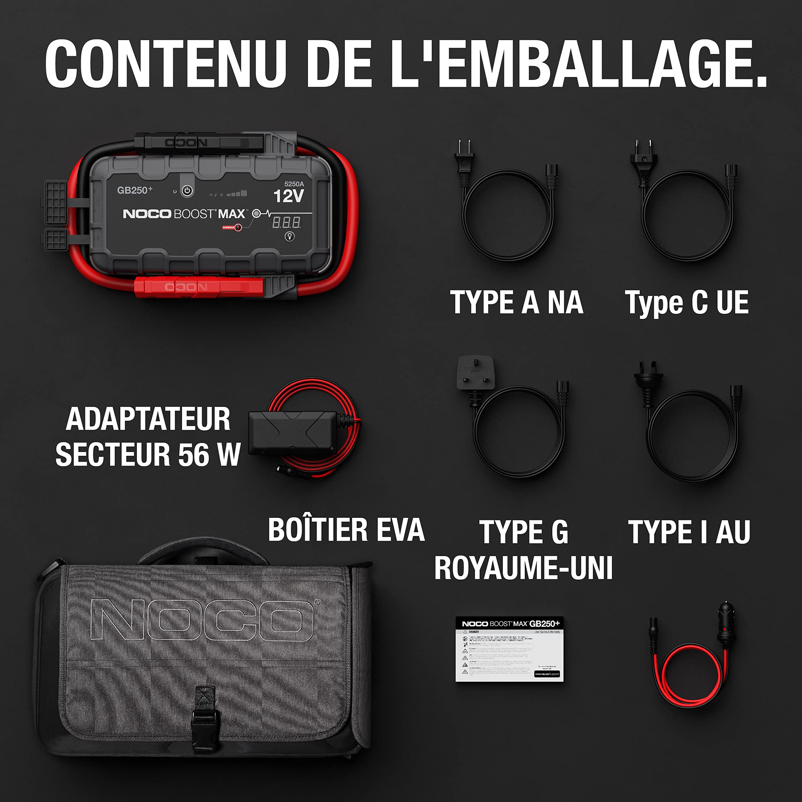 NOCO Boost Max GB250 12V 5250A UltraSafe Booster Batterie, Lithium Jump Starter, Câbles de Démarrage et de Démarrage de Batterie Portables pour Moteurs Essence et Diesel Jusqu'à 16-litres