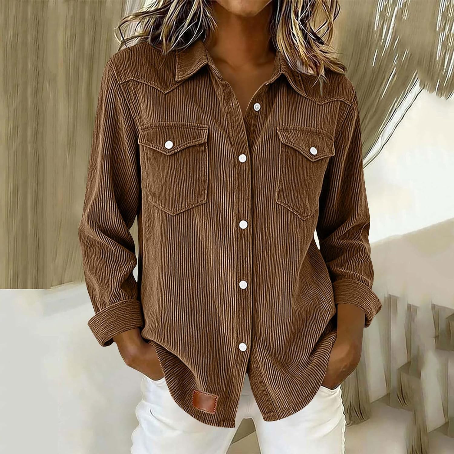 Womens Corduroy Shirts Button Down Long Sleeve Collared Blouses Tops Oversized Jackets Shackets Coats with Pockets