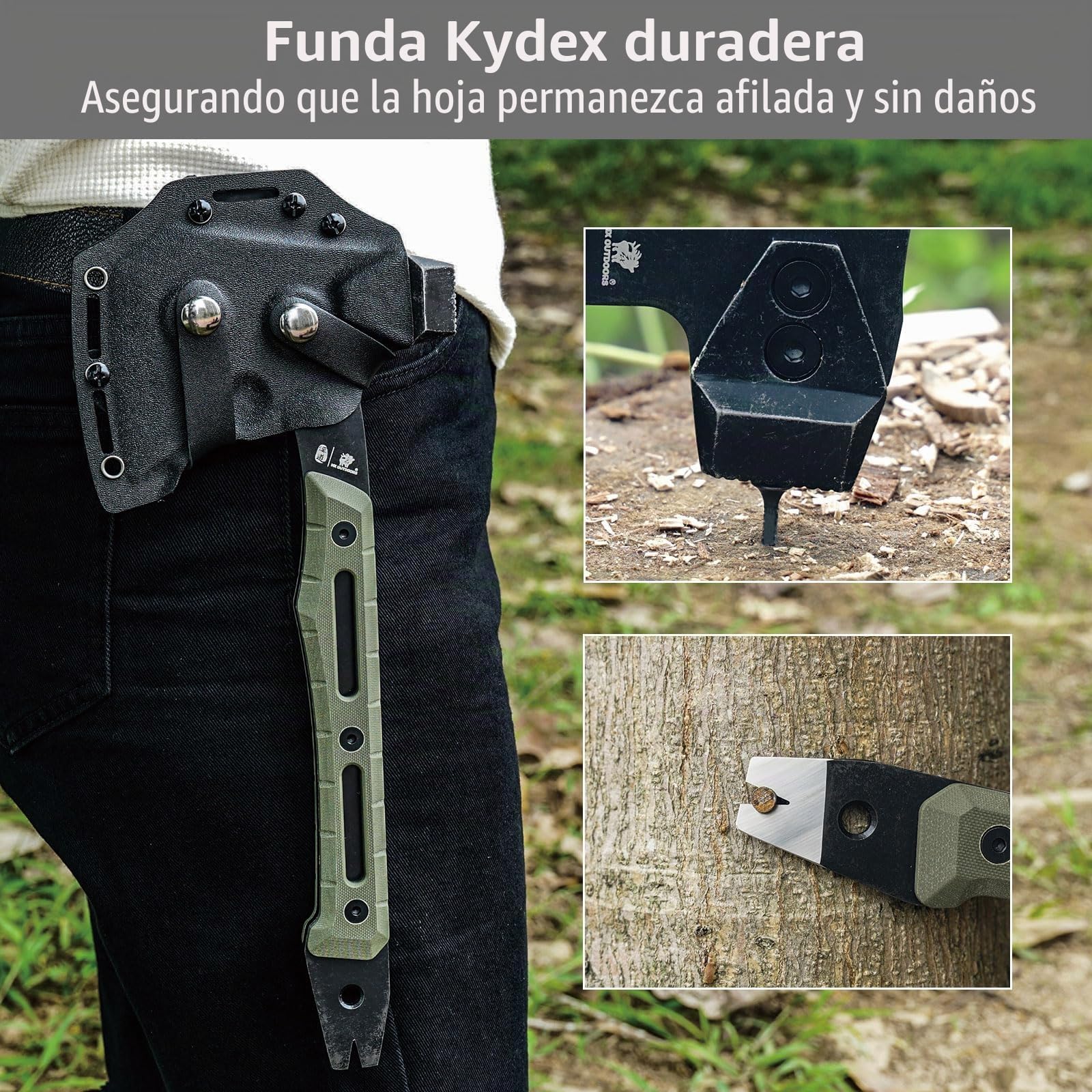 HX OUTDOORS Hacha de Partido Multifuncional, Hacha Táctica de Supervivencia y Campismo de Tanga Completa，Hachas de Mano para Campismo y Bushcraft con Martillo y Sacacorchos (Verde Militar)