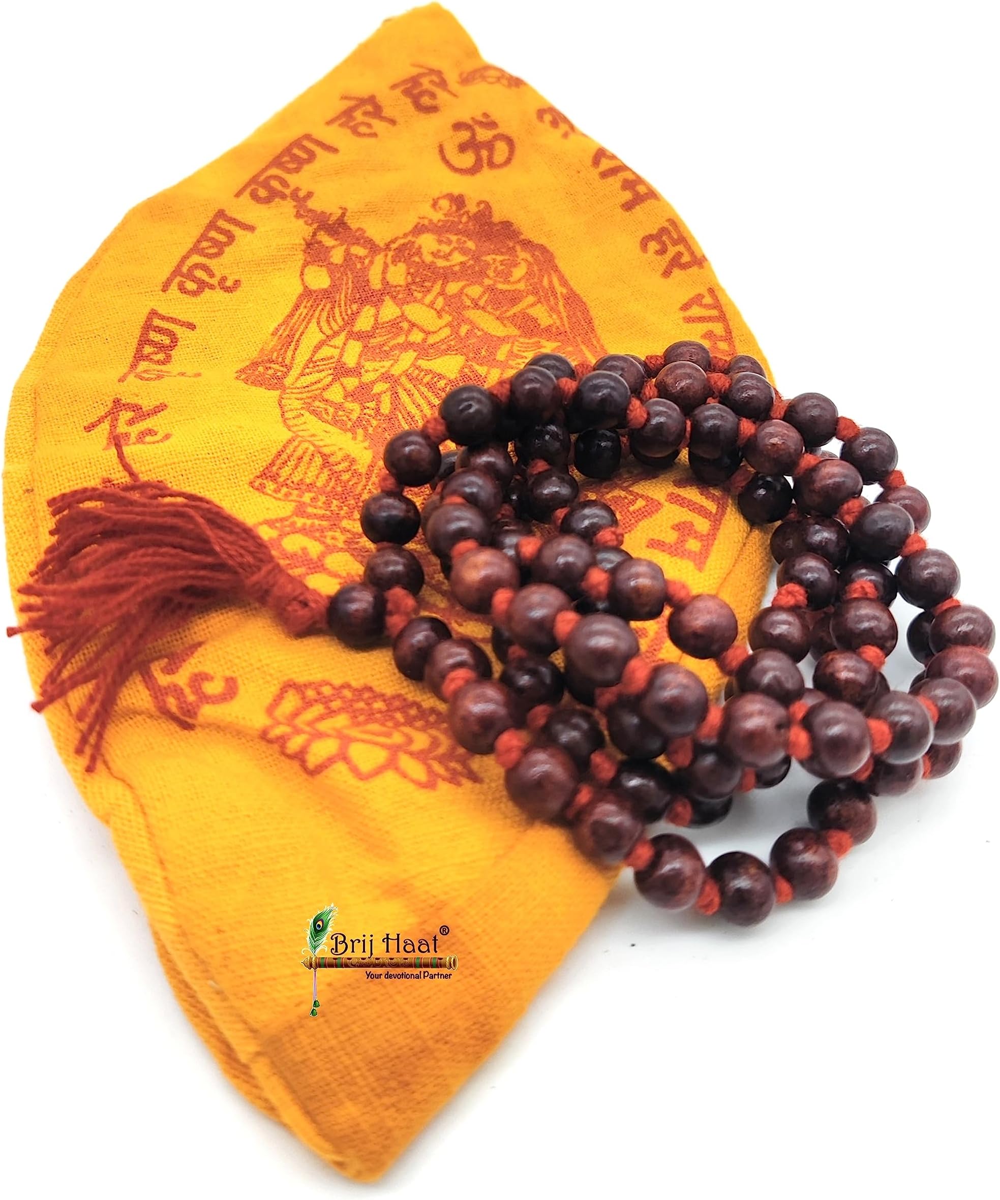 BRIJ HAAT Original Rosary Lal Chandan Mala 108+1 Beads with Cotton Gaumukhi Japa Bag Size - (8mm)