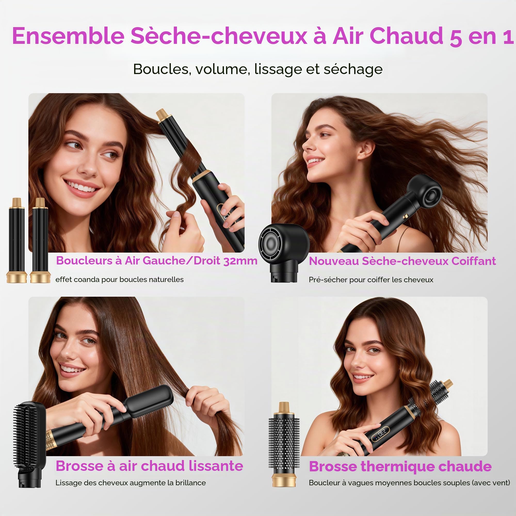 UMIGA 5 en 1 Brosse Soufflante Airstyler Air Styler set Hair Styler Airbrush Fer a Boucler Brosse Soufflante Brosse Lissante Pour Cheveux, Kit de coiffure Pour Sécher