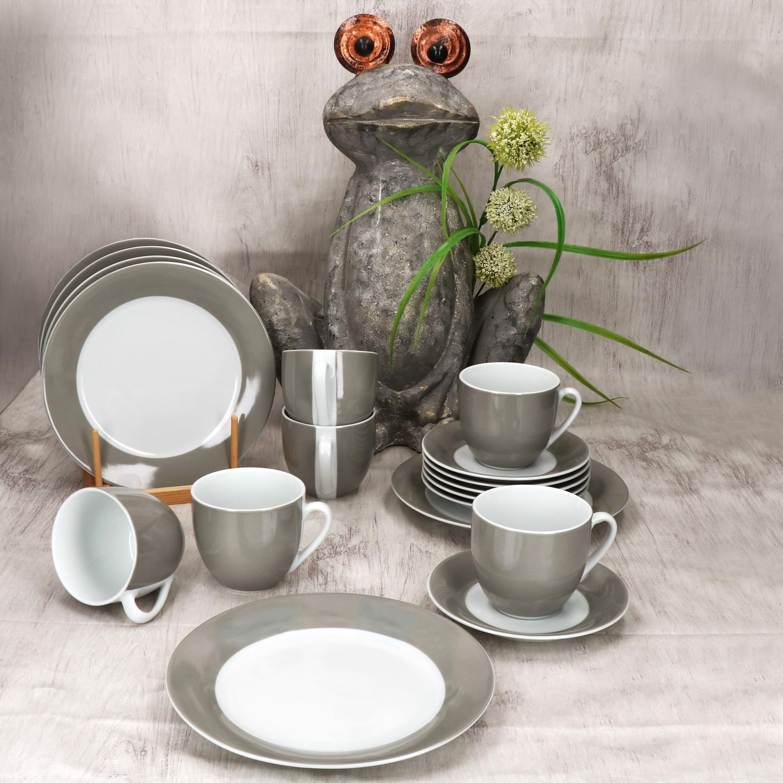 MamboCat Variant Grau 18tlg Kaffeeservice I farbige Porzellan-Kaffeeset für 6 Personen I Je 6X Kaffeetassen 200ml, Untertassen & Kuchenteller I buntes Geschirr für Frühstück & Kaffee