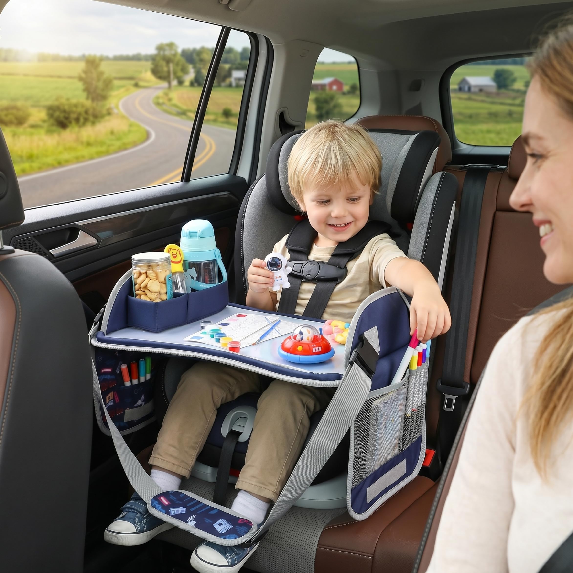 Vassoio da Viaggio per Bambini in Auto: Tavolino da Auto per Bambini, Ampio Tavolo da Viaggio Regolabile, Pieghevole in Tessuto Compatibile con Touchscreen con Scomparti Portaoggetti per Ra