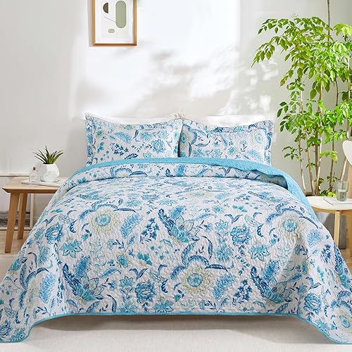 BEDISELY Colcha de algodón tamaño King, colcha floral tamaño King (98 x 106 pulgadas), juego de ropa de cama de 3 piezas, suave y ligero,