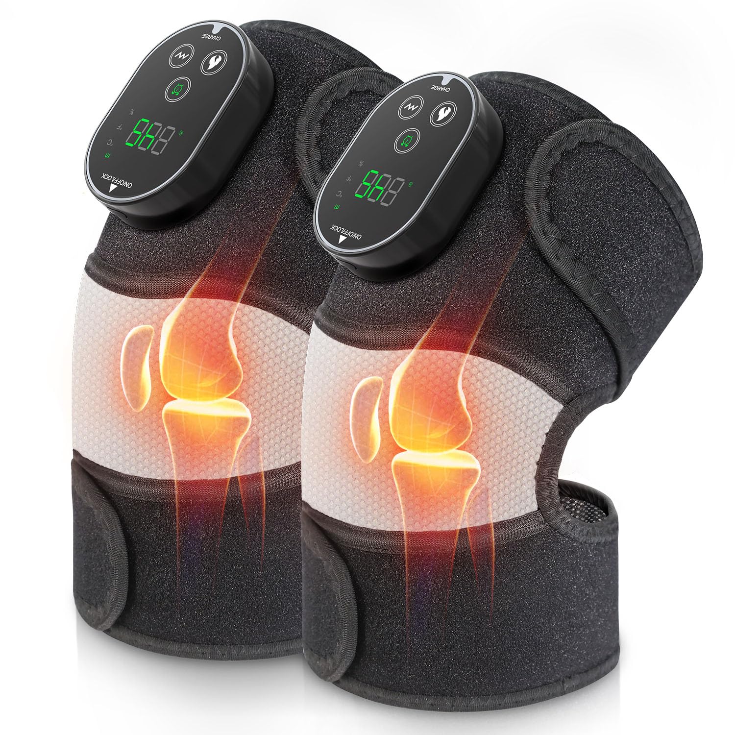 Masajeador eléctrico de rodilla, masajeador de rodilla inalámbrico 3 en 1 con calor para envoltura de rodilla, codo y hombro, con 3 modos de vibración y calefacción (paquete de 2)