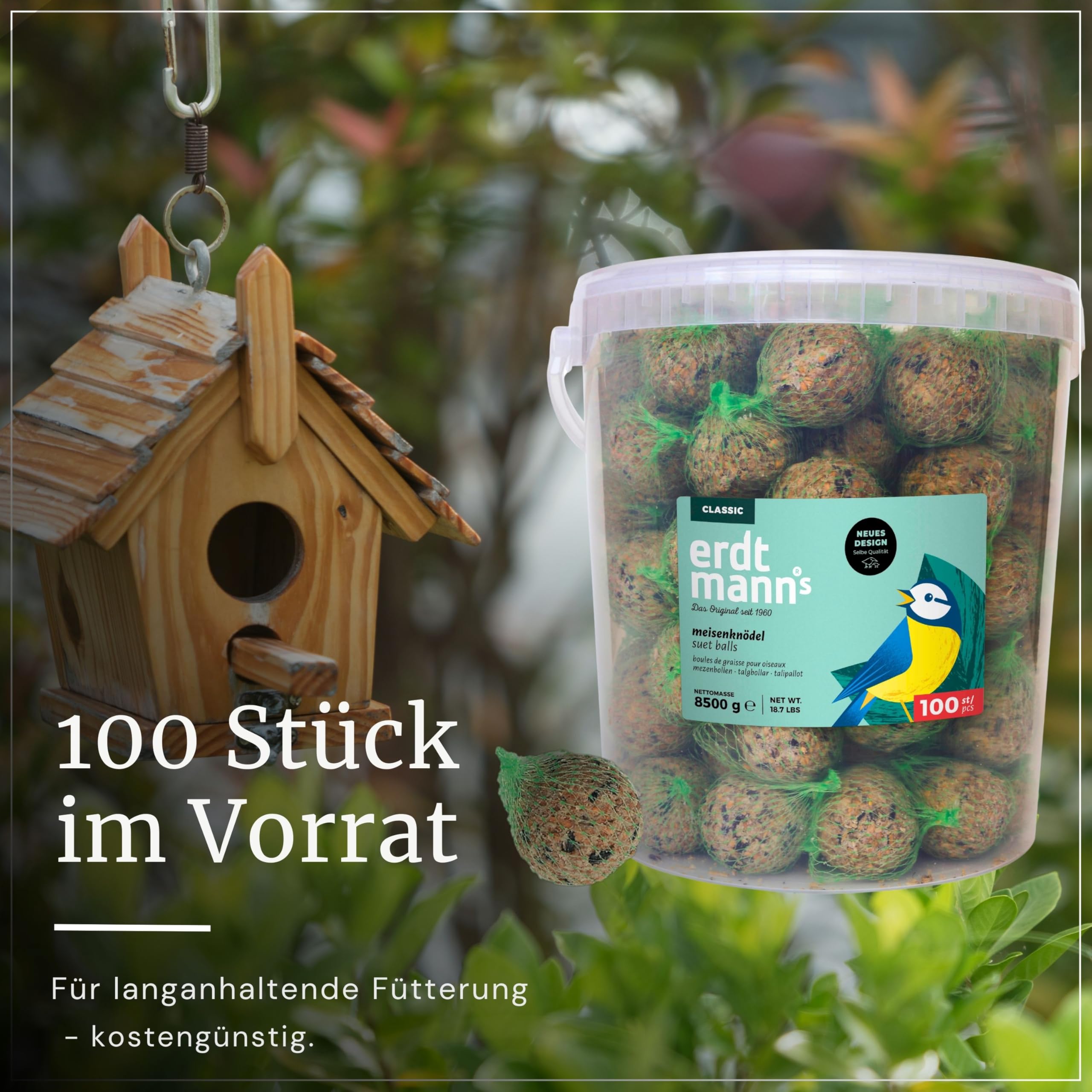 Erdtmanns Meisenknödel mit Netz 100 Stück im Eimer – Wildvogelfutter mit Getreideflocken & Sonnenblumenkernen – für Ganzjahresfütterung – geeignet für Meisen & Co. – wiederverwendbar