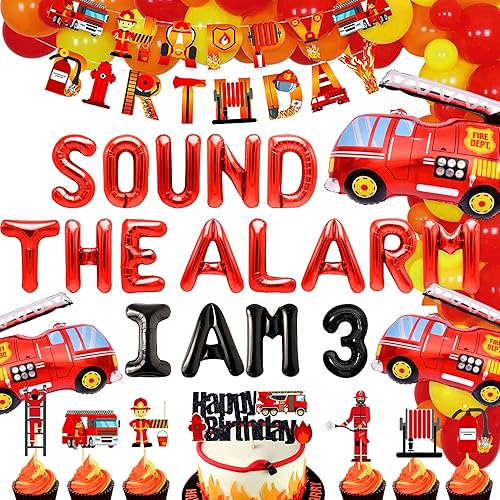LaVenty Sound The Alarm I am 3 - Globos de cumpleaños para decoración de camión de bomberos de tercer cumpleaños, globos de bomberos, decoración de