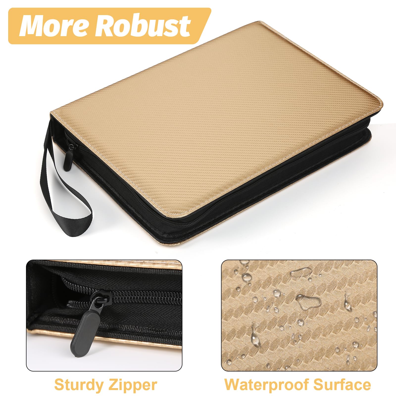 GERMUN 9 Pocket Card Binder, Premium Zip Sammelkarten Binder, 720 Doppelseitige Tasche PU Karten Sammlung Binder, Sammelkarten Album, Kartenordner für MTG, TCG, Sportkarten, Spielkarten (Gold)