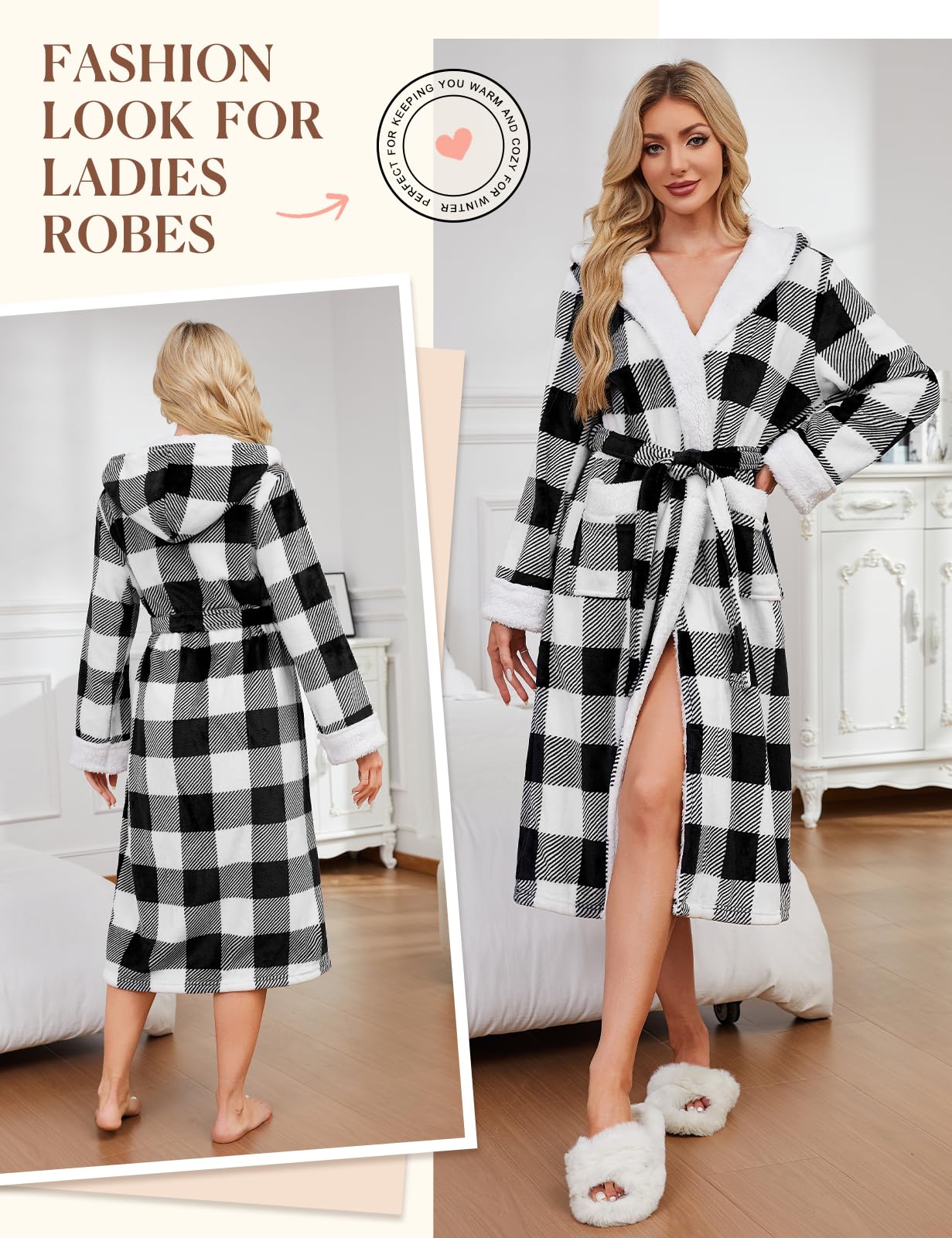 Yuson Girl Damski flanelowy szlafrok długi pluszowy szlafrok polarowy z kapturem ciepły zimowy szlafrok dla kobiet miękki puszysty odzież domowa tartan kratka wzór spa bielizna nocna