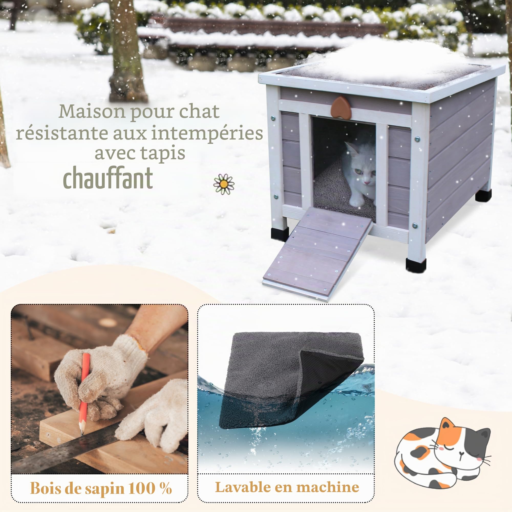 Maison de Chat d'extérieur avec Tapis, Maison de Chat Exterieur en Bois,Sauvage extérieure résistant aux intempéries, Petite Maison en Bois avec Tapis 42 x 51 x 43 cm (Gris)