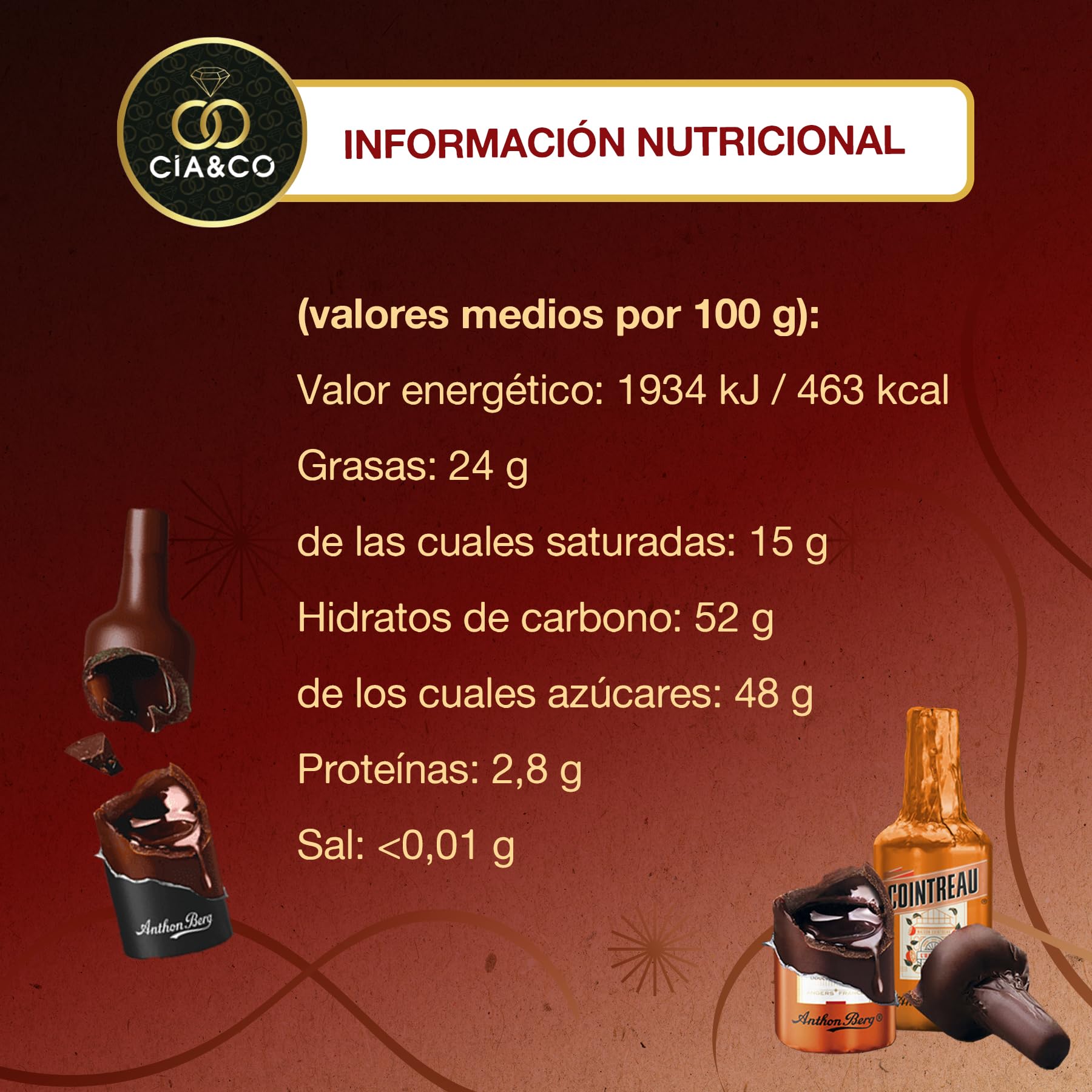 Calendario de Adviento Anthon Berg 2025 · Formato Libro · 24 Mini Botellitas de Chocolate Negro Rellenas de Sabores Exclusivos · Incluye Tarjeta Personalizada Cia&Co · Regalo Gourmet de Navidad 375 gr
