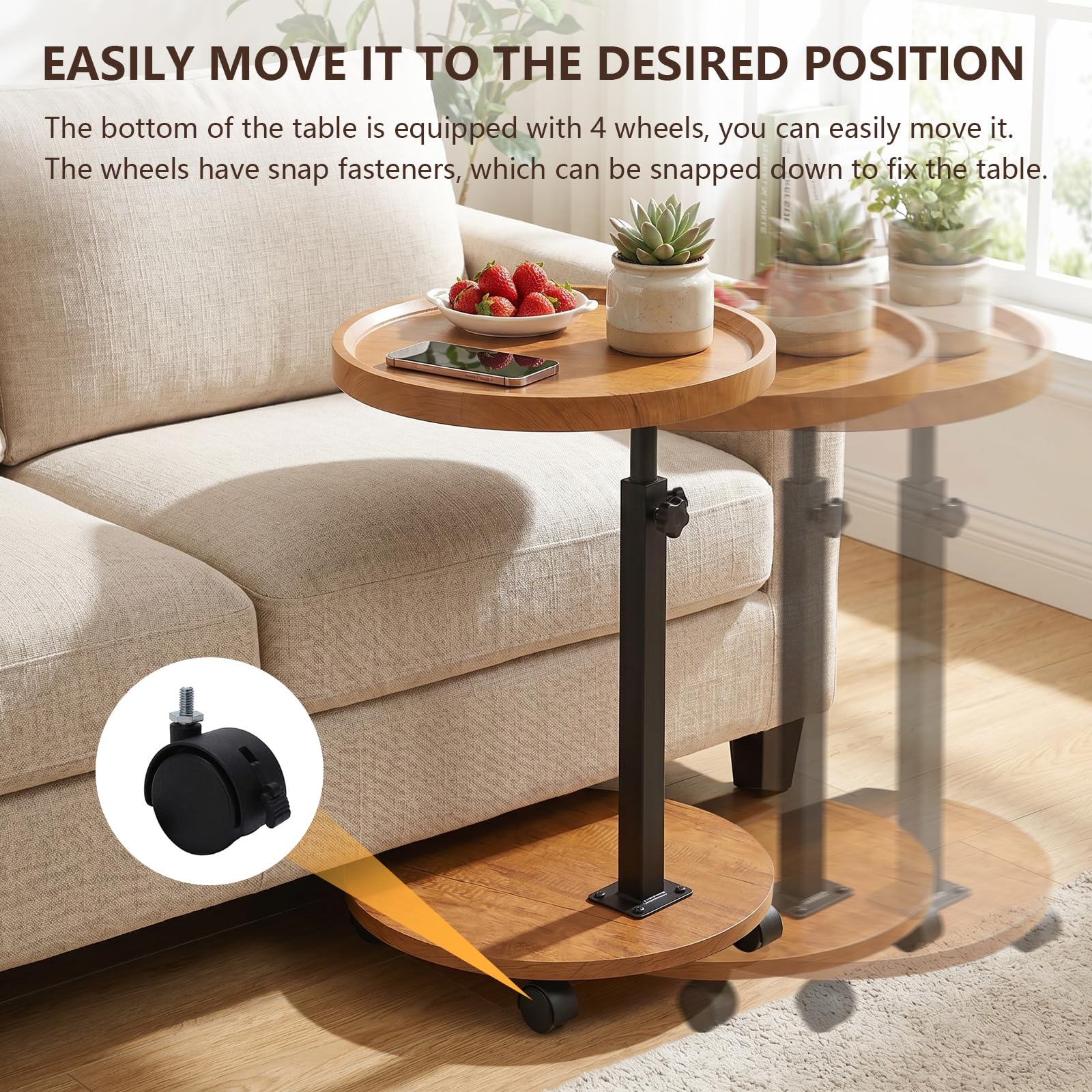 Mesa auxiliar de altura ajustable, mesa auxiliar giratoria de 360° con ruedas para sofá, dormitorio, oficina, sala de estar, mesas de café para espacios pequeños (color madera natural)