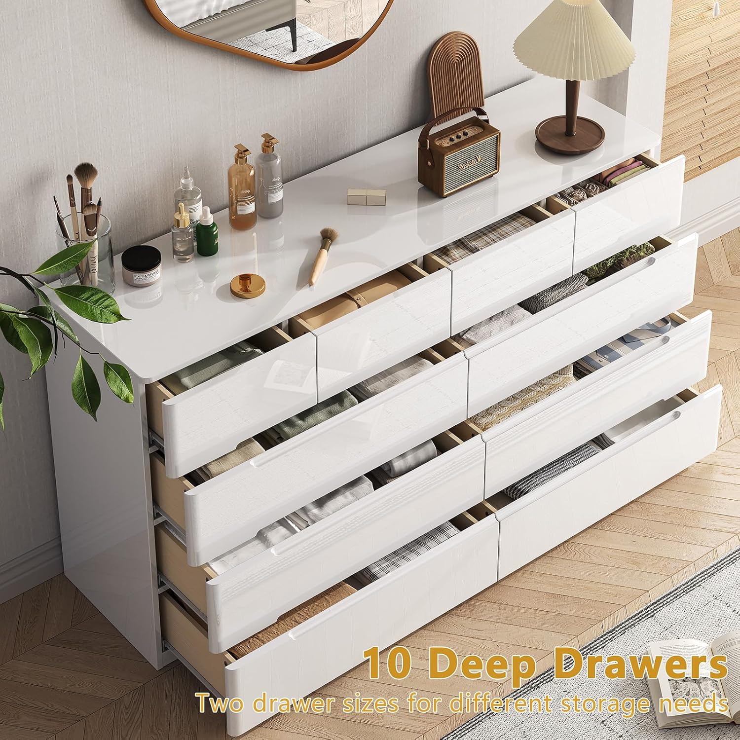 10 Drawer White Dresser for Bedroom, 55" Long Dresser Chest of Drawers, Large High Gloss Modern Storage Cabinet with Big Drawers Handle Free, Living Room, Entryway, Hallway - Image 3