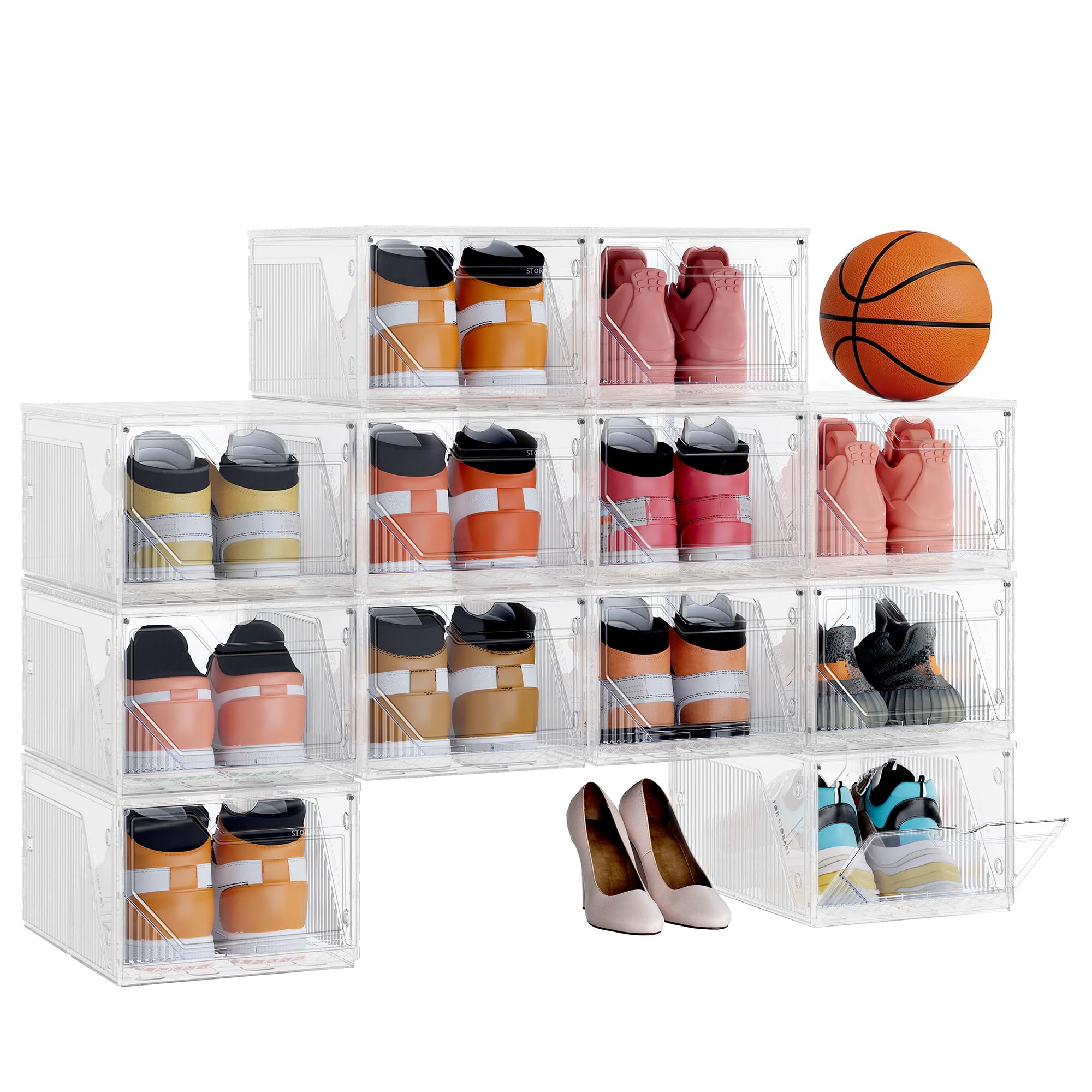 SONGMICS Shoe Boxes Set of 12, Stackable Clear Plastic Shoe Storage, Secure Vertically or Horizontally, Plastic Organisers with Magnetic Doors, up to UK Size 11, Cloud White LSP806WH01-2J