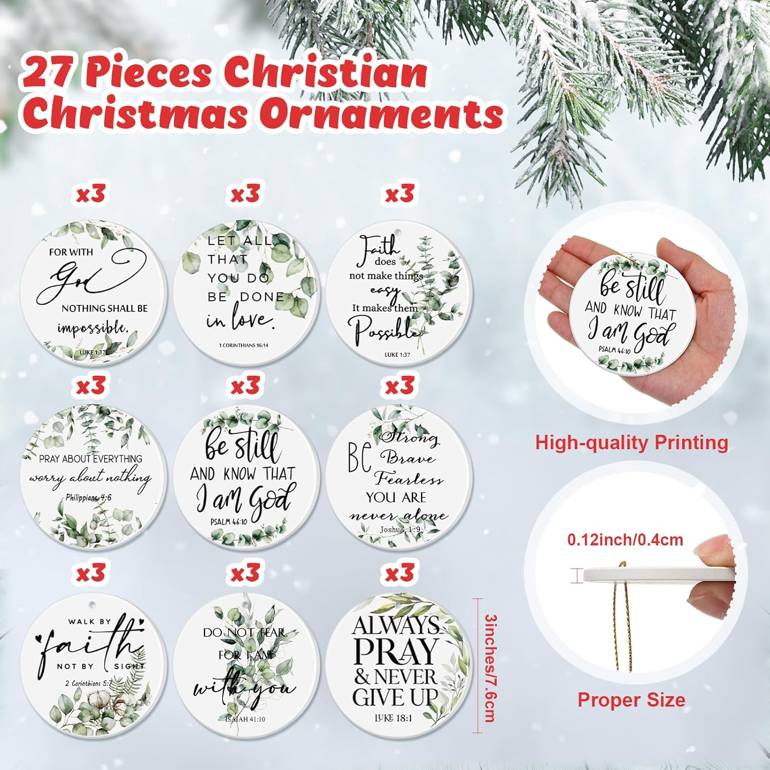 Fumete 27 Pcs Christian Christmas Ornament Bulk Ceramic Bible Verse Hanging Ornament Double Sided Religious Inspirational Quote Botanical Plant Green Leaves Round Flat Decor for Women Men Church Gift