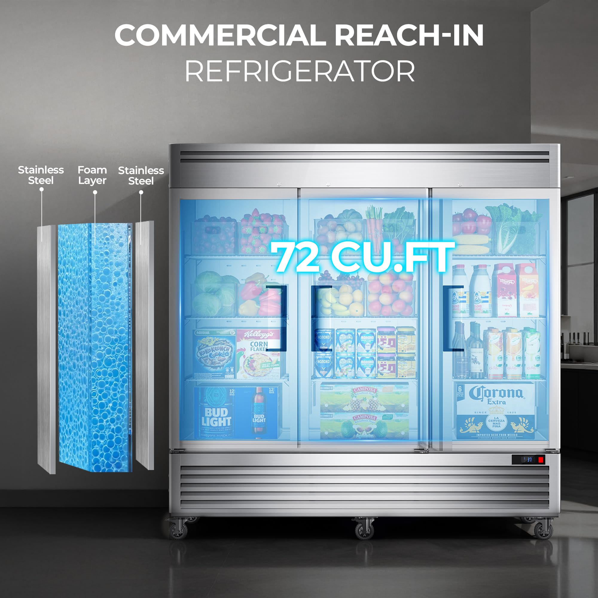 Coolake 82" Width Commercial Refrigerator 3 Solid Doors, 72 Cu.Ft Stainless Steel Reach-In Upright Fridge With LED Lighting, Fan Cooling Refrigerator For Restaurant Café Hotel Kitchen Prep Area on Fridge.com - View 5