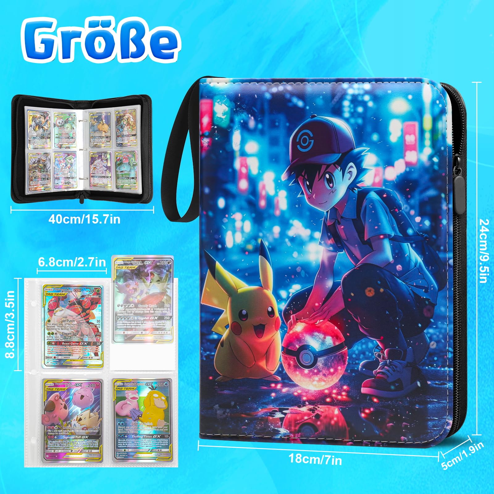 LYAILOOGXL Pokemon Sammelalbum 400 Karten,4 fächer Reißverschluss Sammelkarten Album mit 50 Abnehmbaren Hüllen,PU-Material mit wasserdichter Oberfläche,Sammelmappe Geschenk für Kartensammler - 3