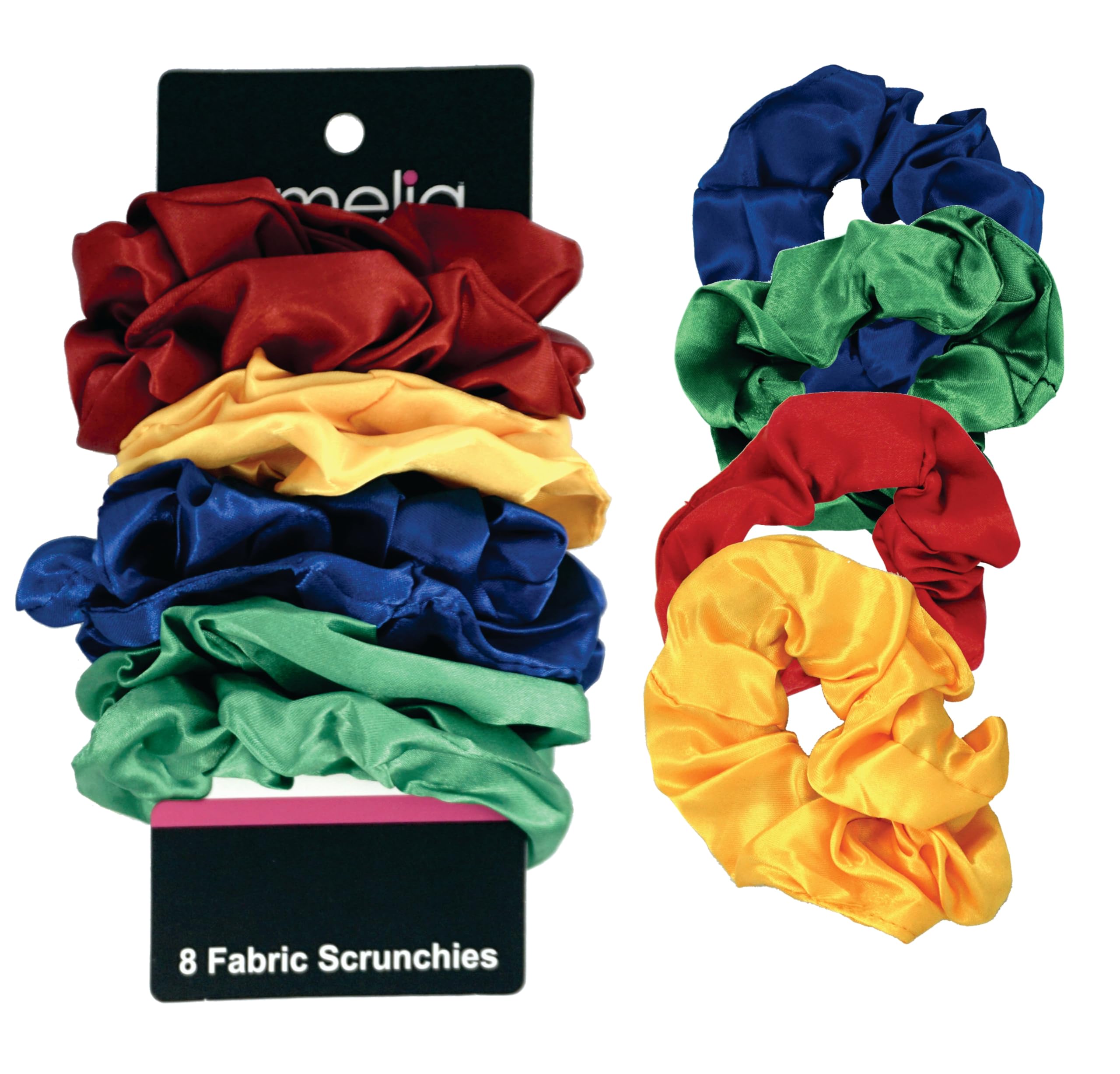 Amelia Beauty Products Paquete de 8 coleteros de satén de colores arcoíris, 3.5 pulgadas de diámetro, suaves con el cabello, sin enganches, sujeción duradera, rojo, amarillo, azul, verde, ideal para