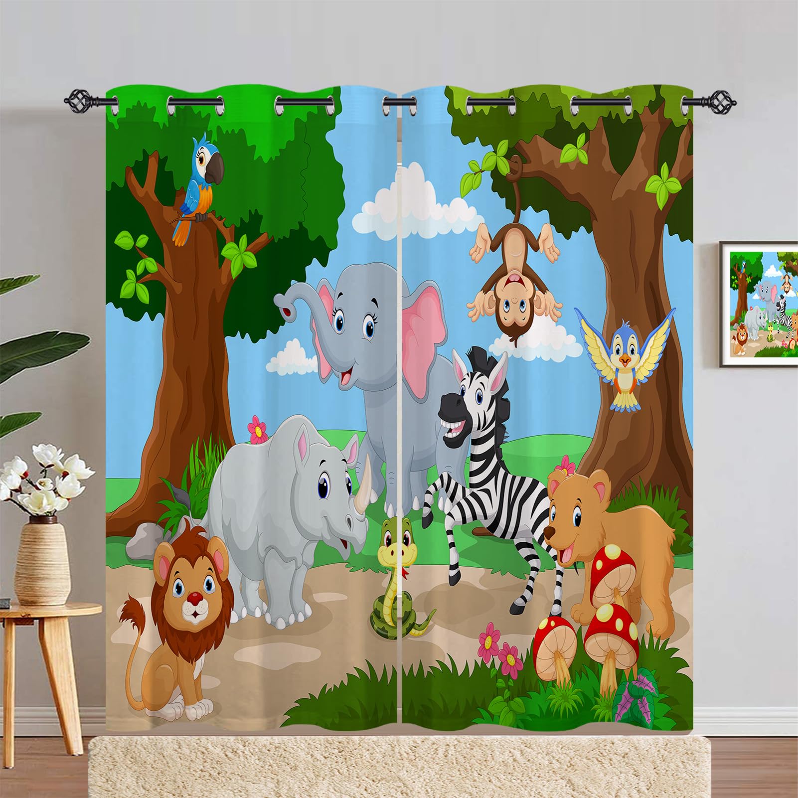ANHOPE Safari Animal Curtains Eyelet Blackout Thermal Insulated Curtains Jungle Elephant Lion Print Pattern Soft Soundproof Privacy Window Drapes for Kids Bedroom Living Room 46 x 72 Inch 2 Panels — image 1