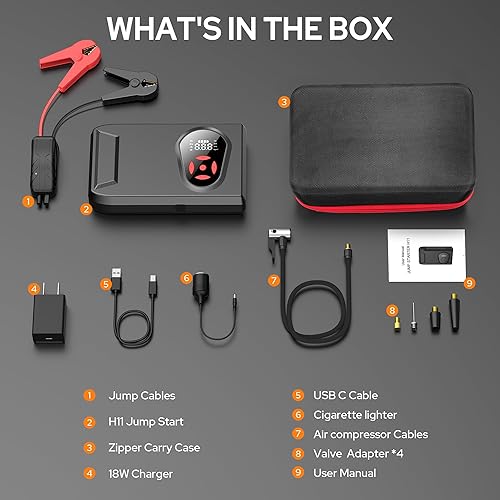 Miniatura 7 de BOOKOO Arrancador portátil de coche con compresor de aire, paquete de batería de arranque de 3000 A 150 PSI, caja de salto de batería de automóvil