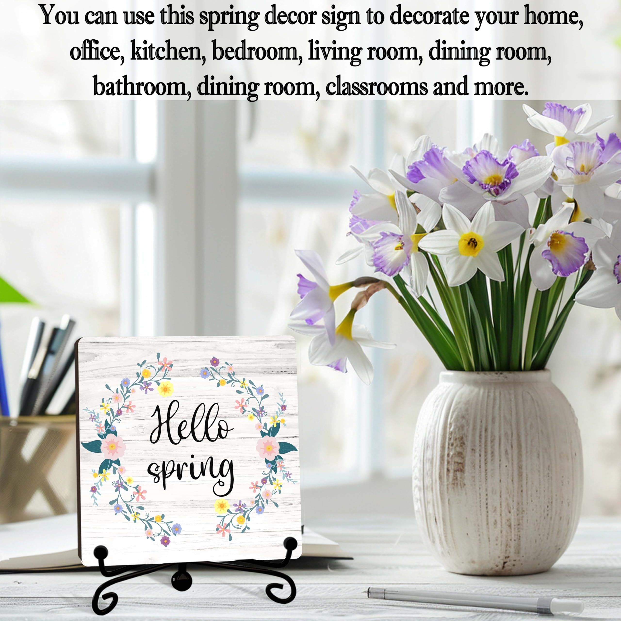 Spring Decor, Hello Spring Wooden Sign, Floral Wreath Desk Wood Decor with Iron Stand, Easter Gifts for Women Wood Sign Decorations for Home Office Bedroom - B05