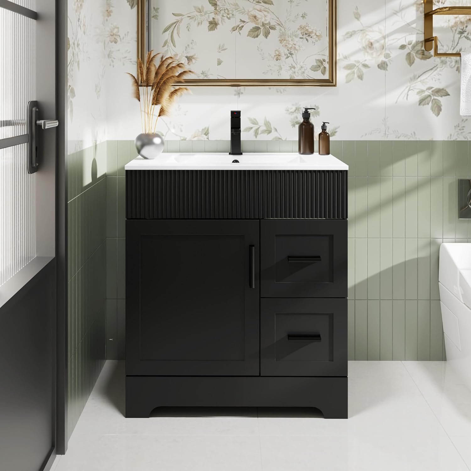 eclife 30" Bathroom Vanities Sink Combo with Painted Surface, Modern Drawered Cabinet W/Decorative Wave Lines, Undermount Single Sink, Matte Black Faucet Drain, Black