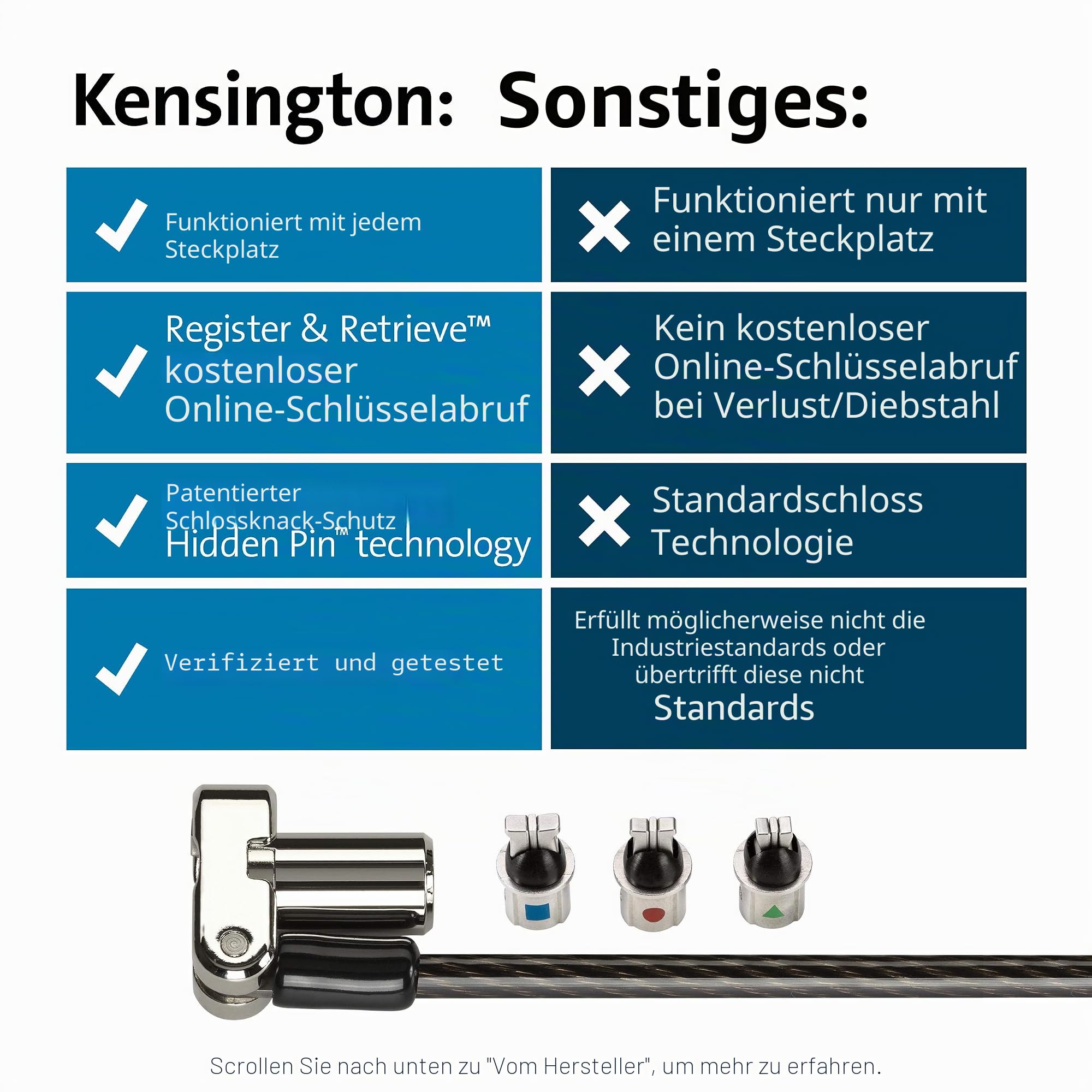 Kensington Universal 3-in-1 Laptopschloss mit Schlüssel, Anti-Diebstahl-Sicherheitsschloss, 1,8 m Karbonstahlkabel