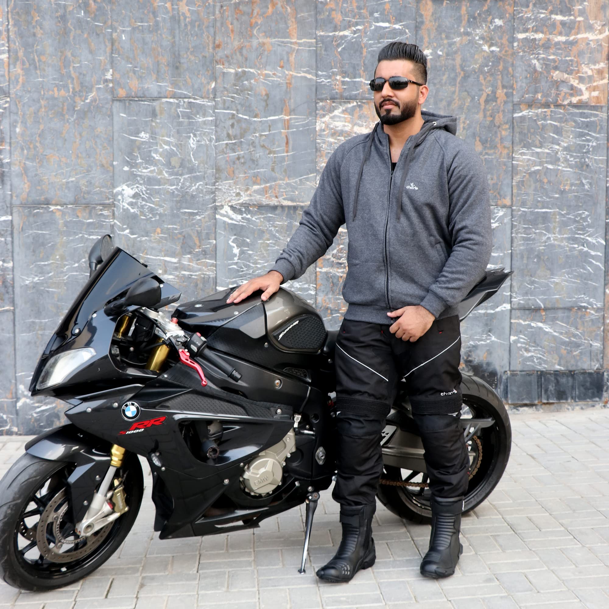 ChoCho Track Motorcycle Hoodie CE Armored Motorbike Fleece Hoodie Protective Zip up Jacket Lined Black Gray — view 2