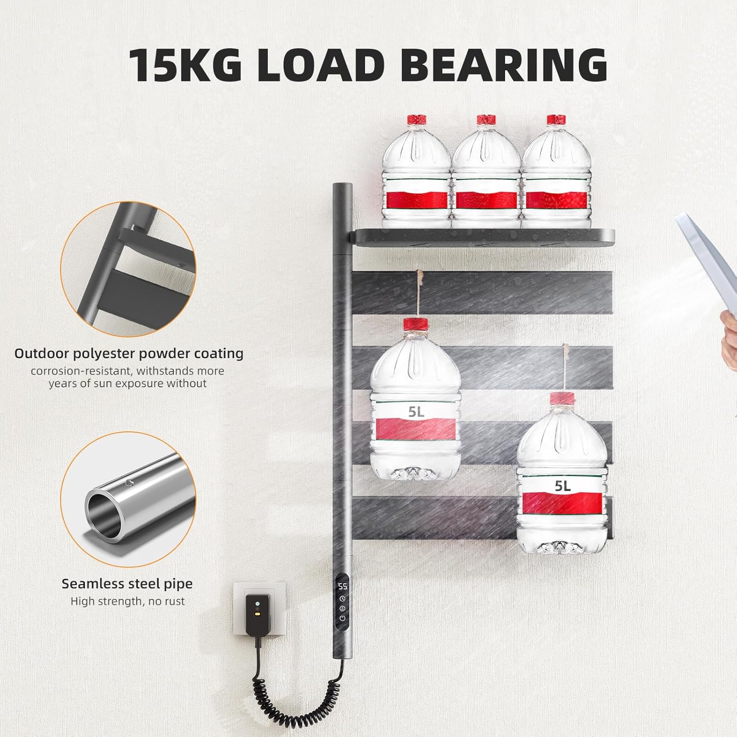 Swivel Heated Towel Rack, Wall Mounted Electric Towel Warmer Rack for Bathroom, 4 Square Bars Swivelable Towel Dryer with Tray, Towel Heater with Built-in Timer, for bathroom,Salons&Spas(G69-Gun Gray)