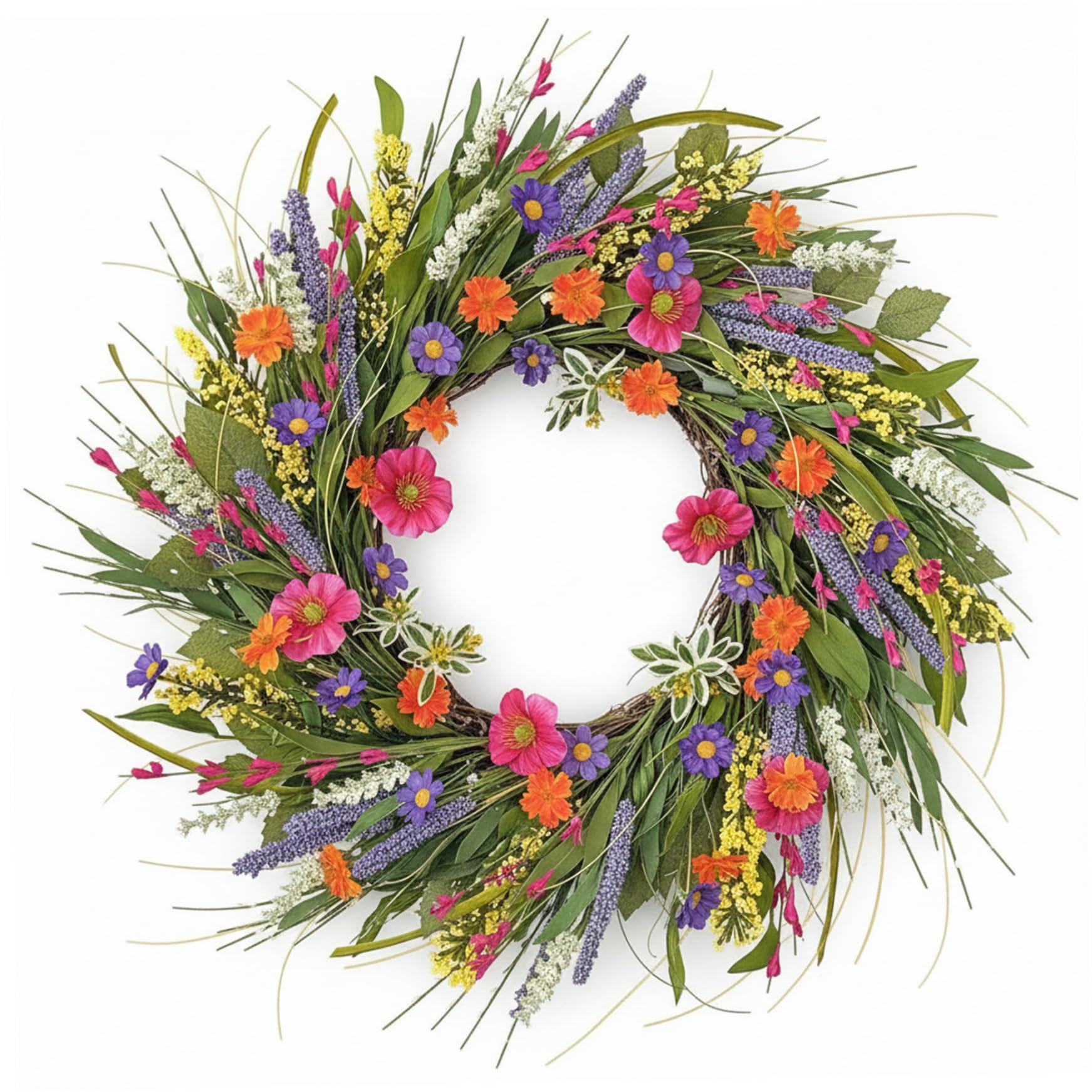 Wxyestna Wildflower Wreath for Front Door, 16 Inch Colorful Spring Wreath with Realistic Silk Flowers for Year-Round Home Decor