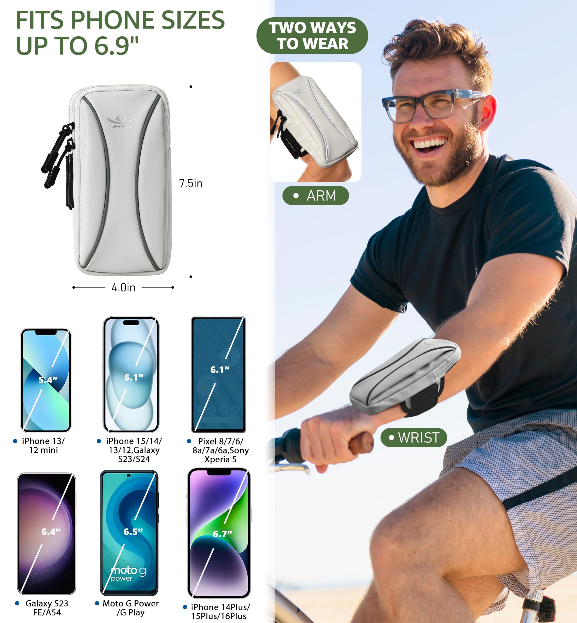 HiRui Armtasche & Handgelenktasche Handyhalterung, Sport-Laufarmband für Fitnessstudio, Radfahren & Workout, kompatibel mit iPhone 16/15/14 Serie, Samsung Galaxy & mehr, reflektierend, verstellbar